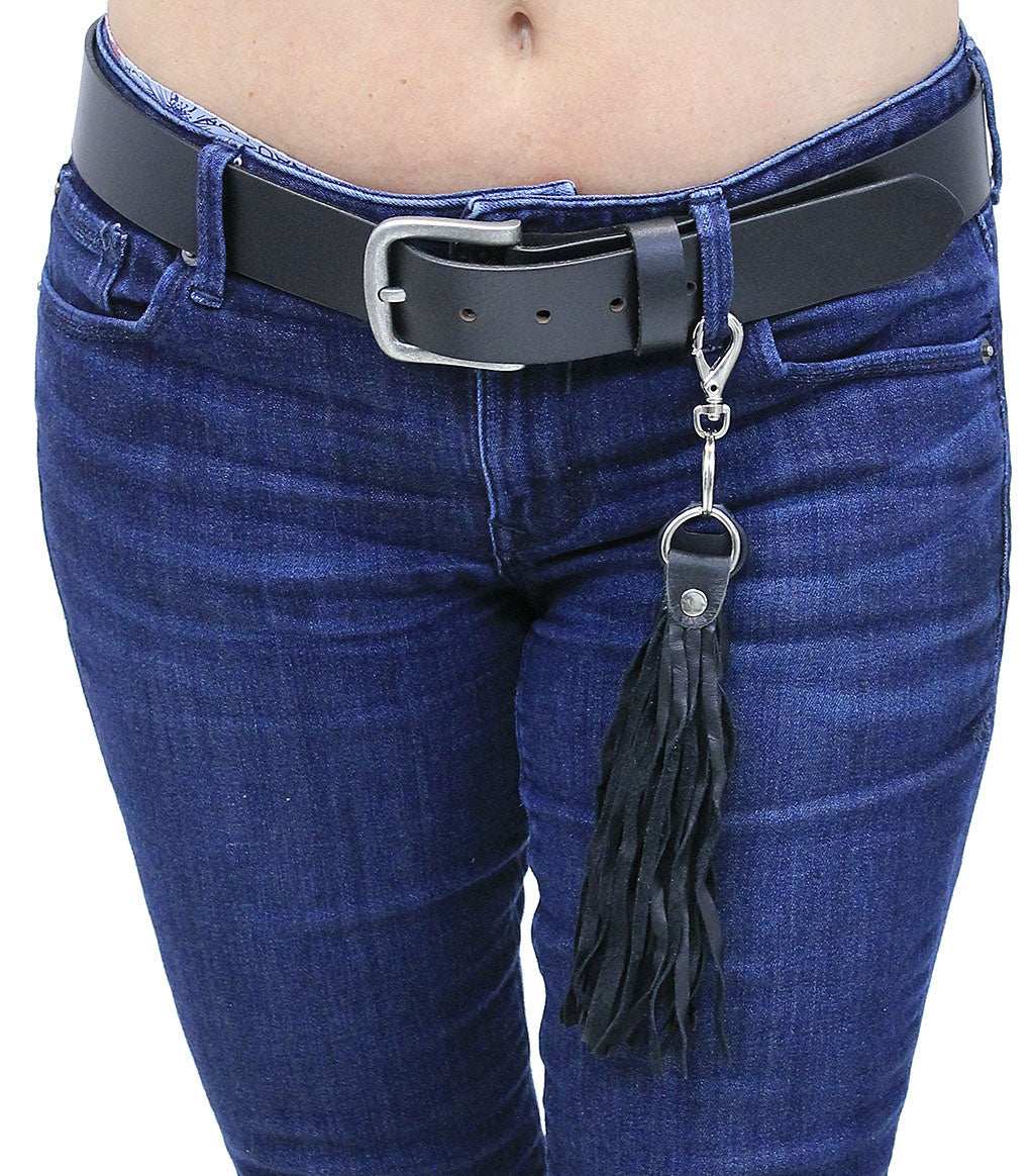 Black Leather Fringe Key Chain with Claw Clip, 8 Inch Tassel, USA Made #KC1800K