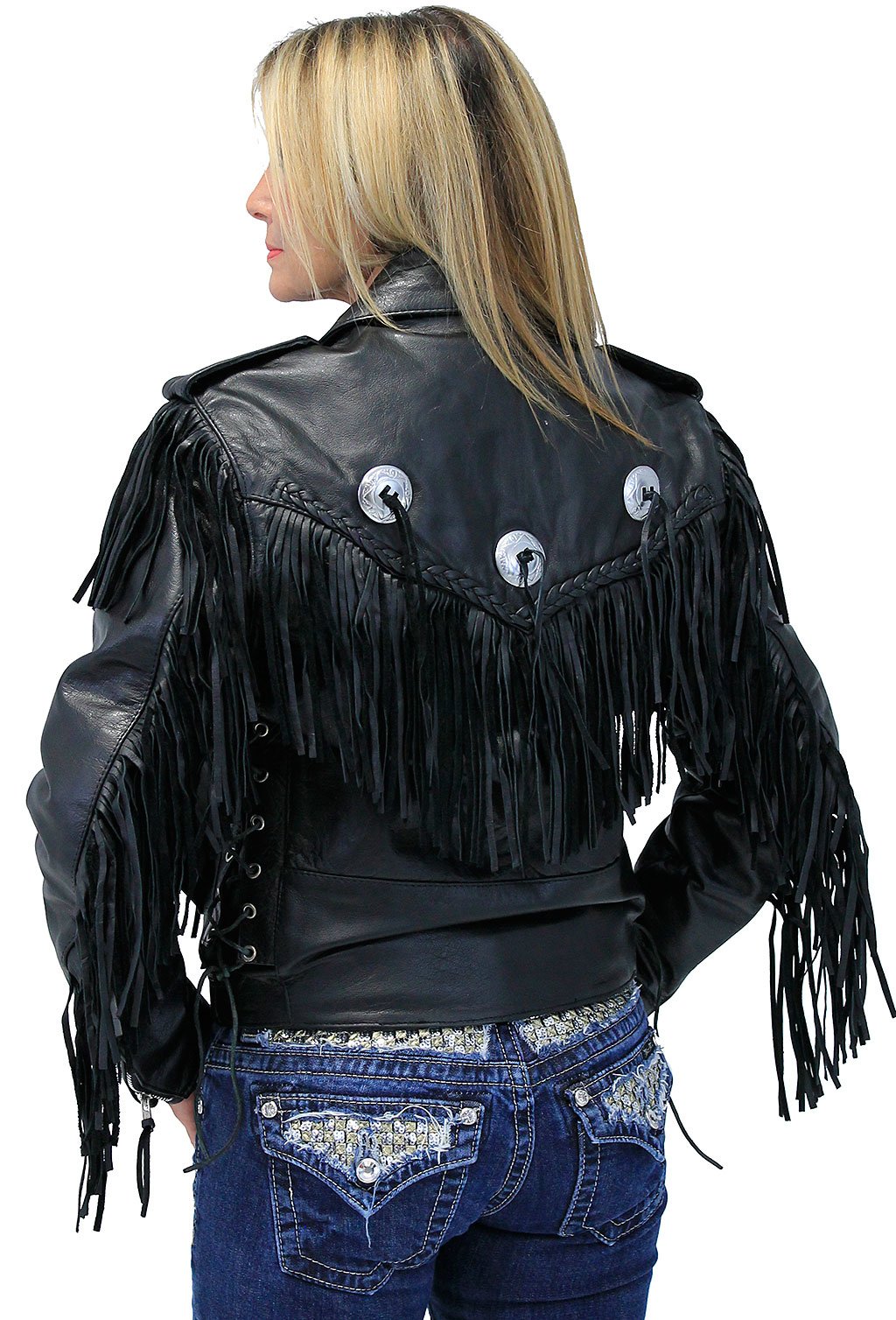 Women's Long Fringed Motorcycle Jacket  - SPECIAL #L400FBLSK (S-M)