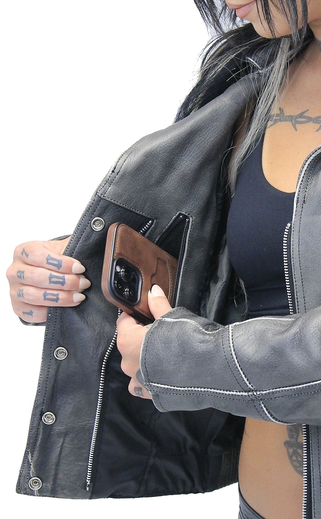 Rivet Trim Vintage Leather Motorcycle Jacket for Women #LA4041ZRDN (S-XL)