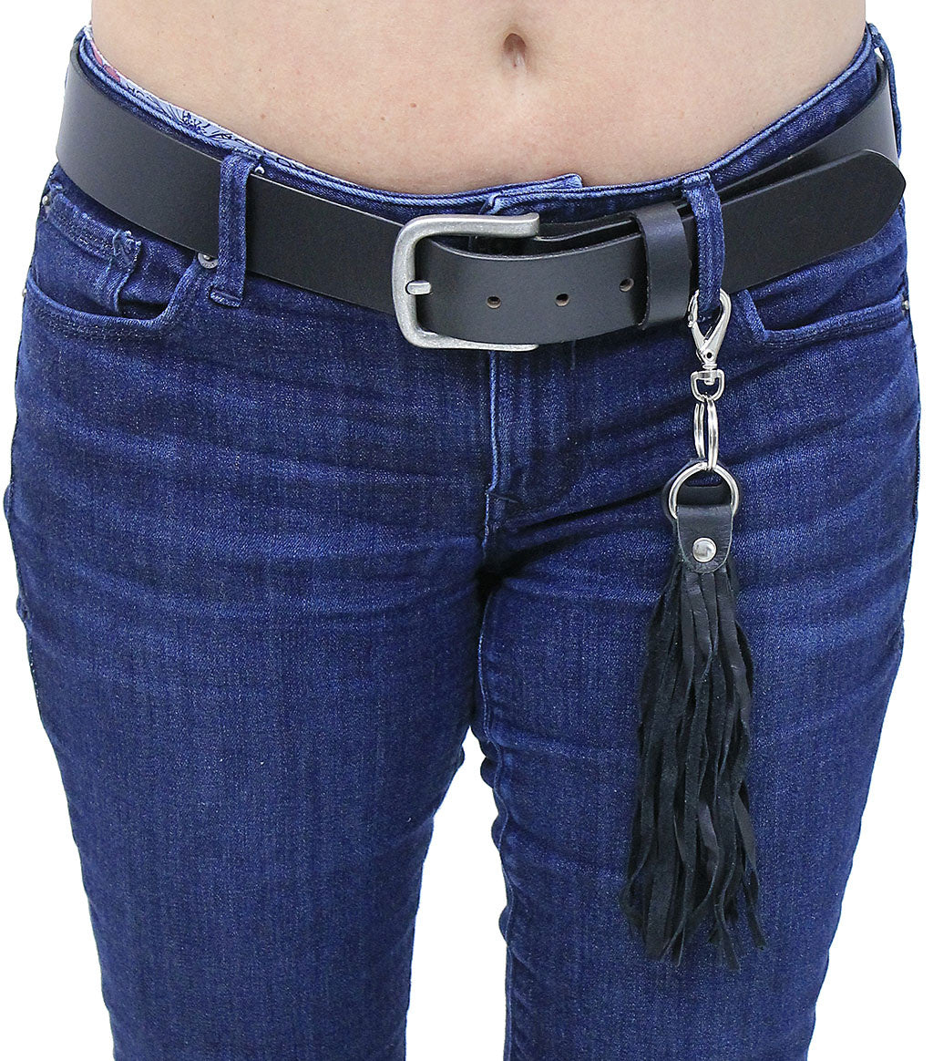 Black Leather Fringe Key Chain with Claw Clip, 8 Inch Tassel, USA Made #KC1800K