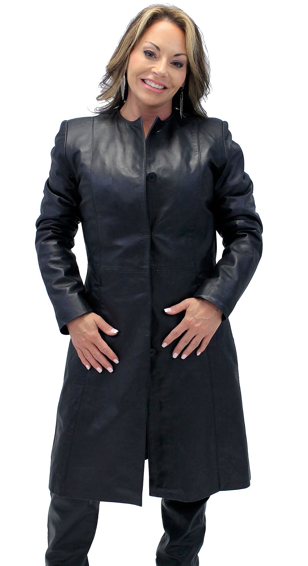 Collar Free Long Lambskin Leather Coat for Women #L1502398ZK (S,2X,3X)