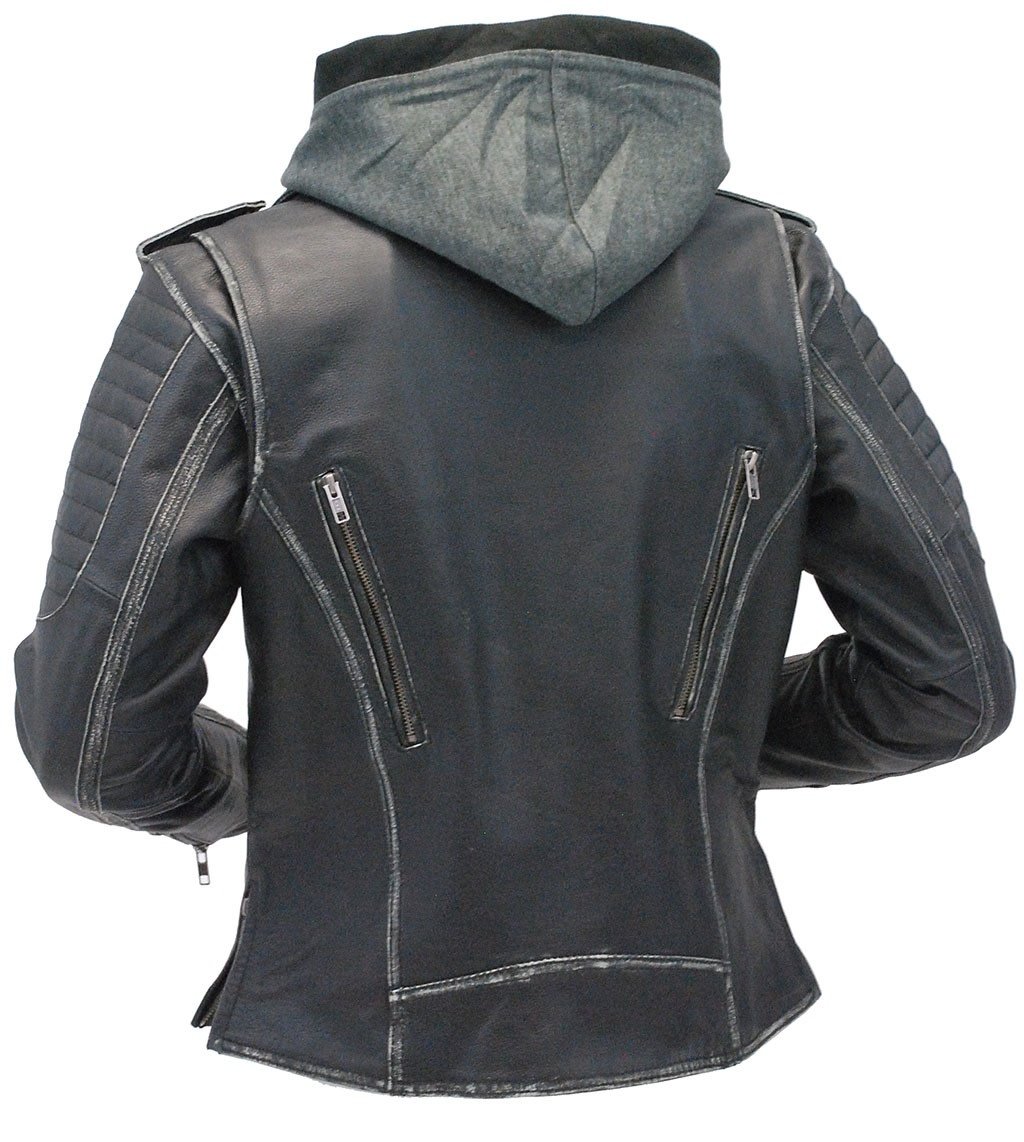 Women's Vented Concealed Pocket Motorcycle Jacket with Hoodie #LA2516VHK ()