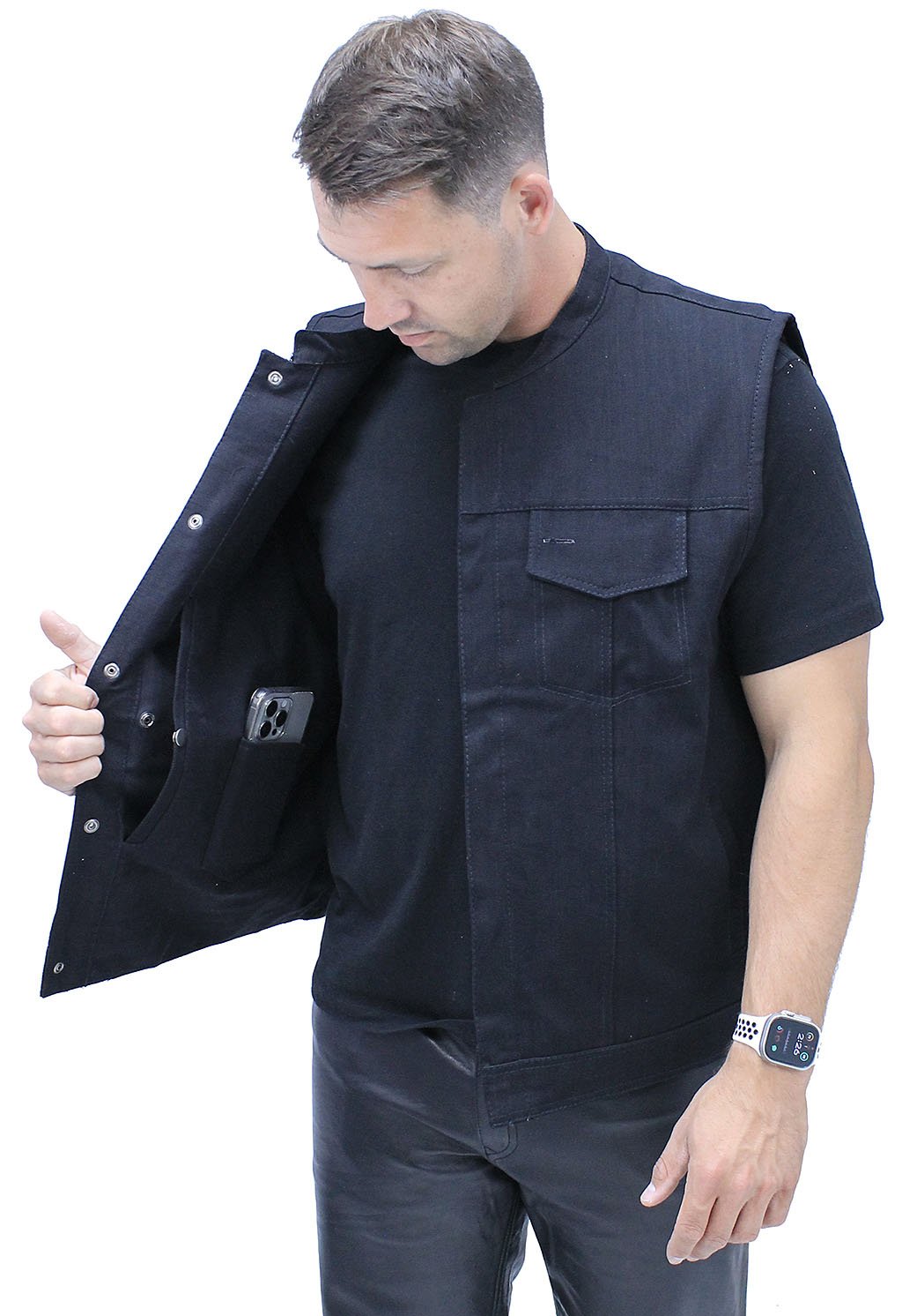 Black Denim Snap Up Club Vest w/Concealed Pocket #VMC3200K (S-M)