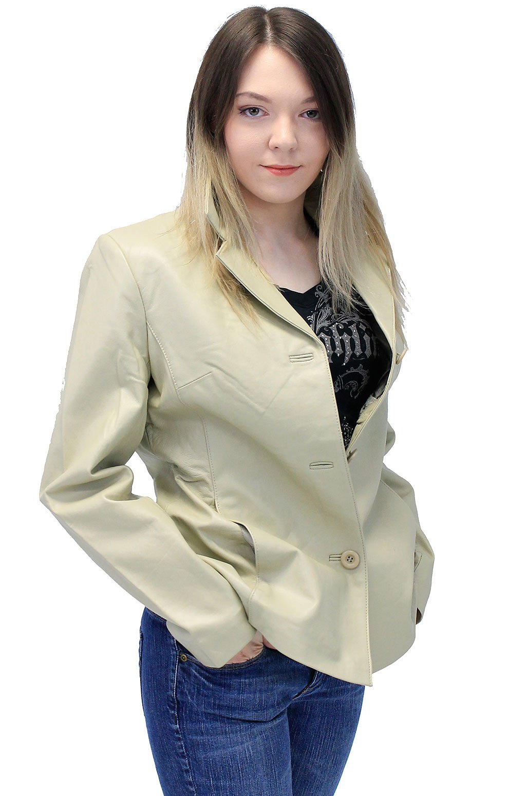 Sand Color Women's 3 Button Genuine Leather Jacket #L32BTT (S-3X)