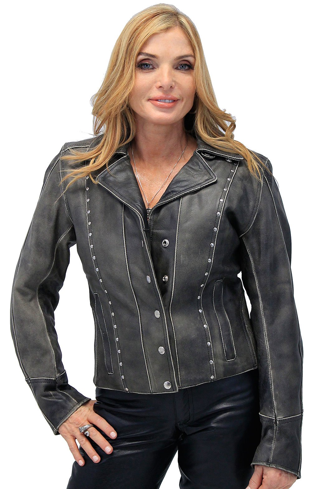 Rivet Trim Vintage Leather Motorcycle Jacket for Women #LA4041ZRDN (S-XL)