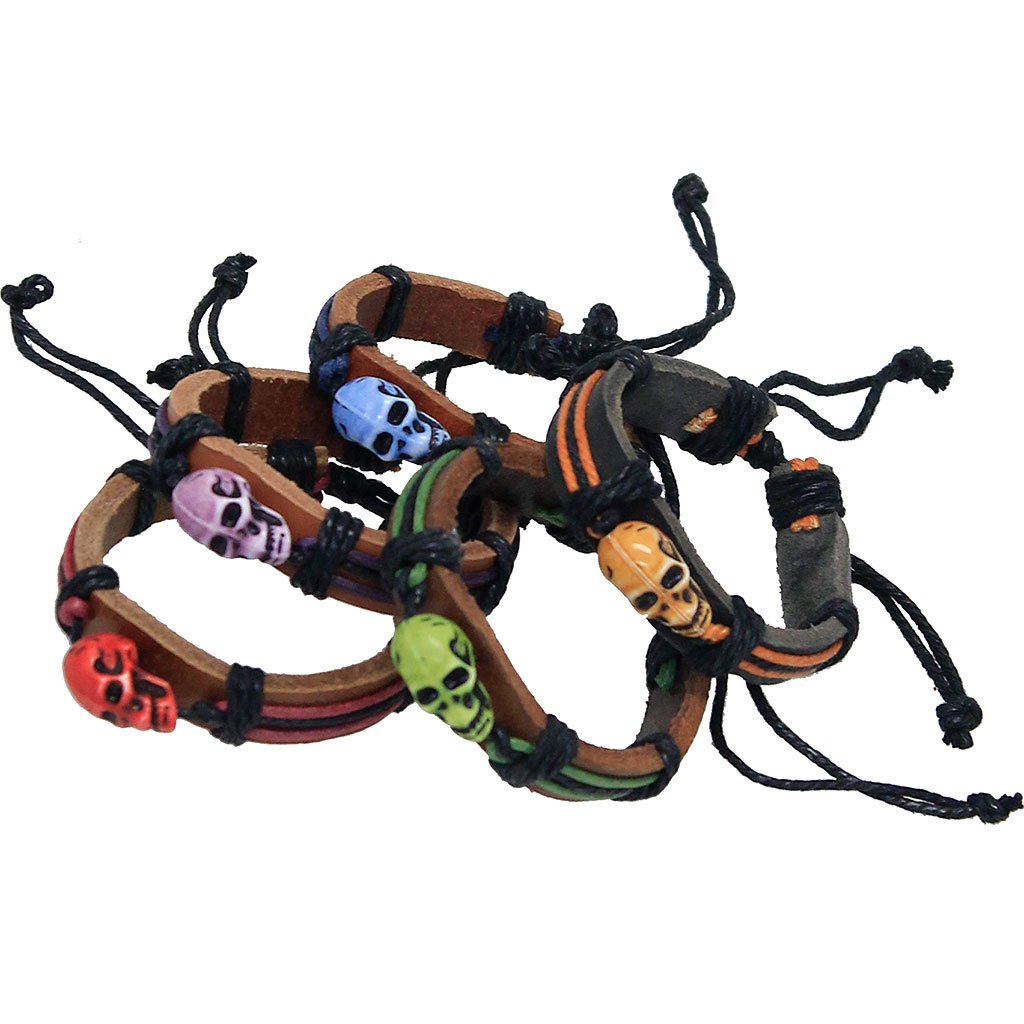 Adjustable Leather Wristband with Colorful Skull #WB336SK