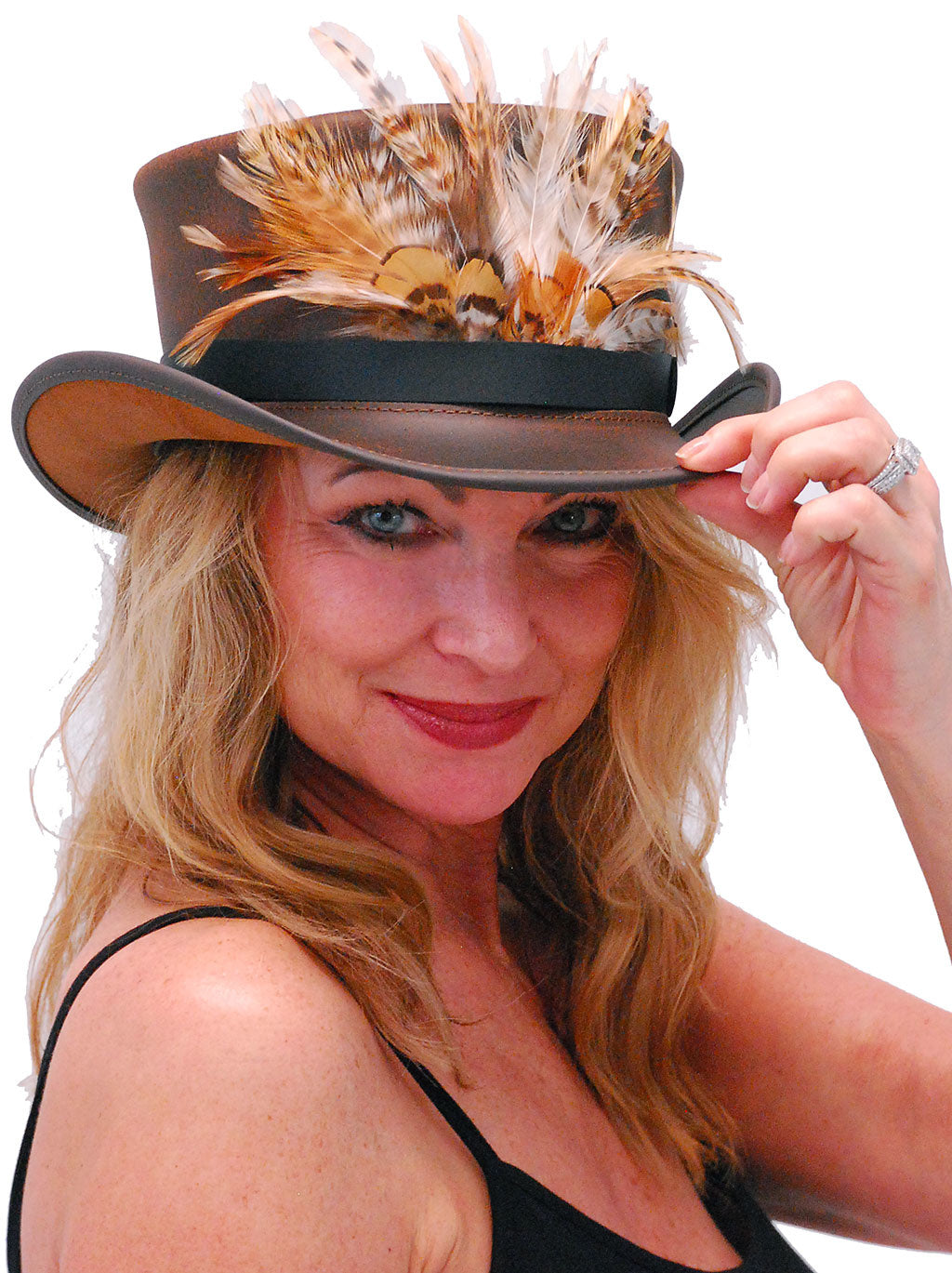 Large Front Feathers on Black Leather Hatband #HB-XFEATHER ()