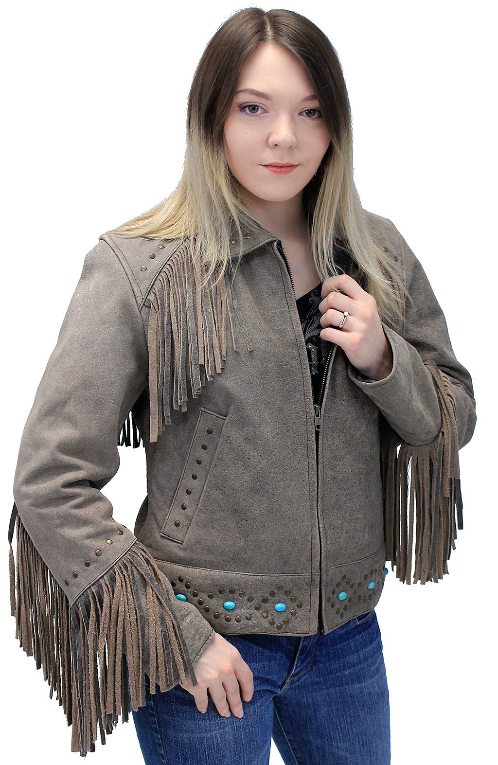 Turquoise and Fringe Brown Leather Jacket for Women #L17081ZFTN (S-3X)