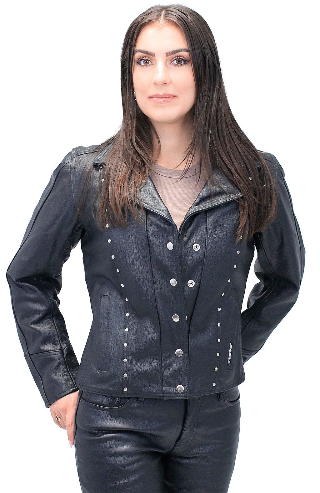 Black Rivet Trim Cowhide Motorcycle Jacket #L4042RZK (XS-4X)