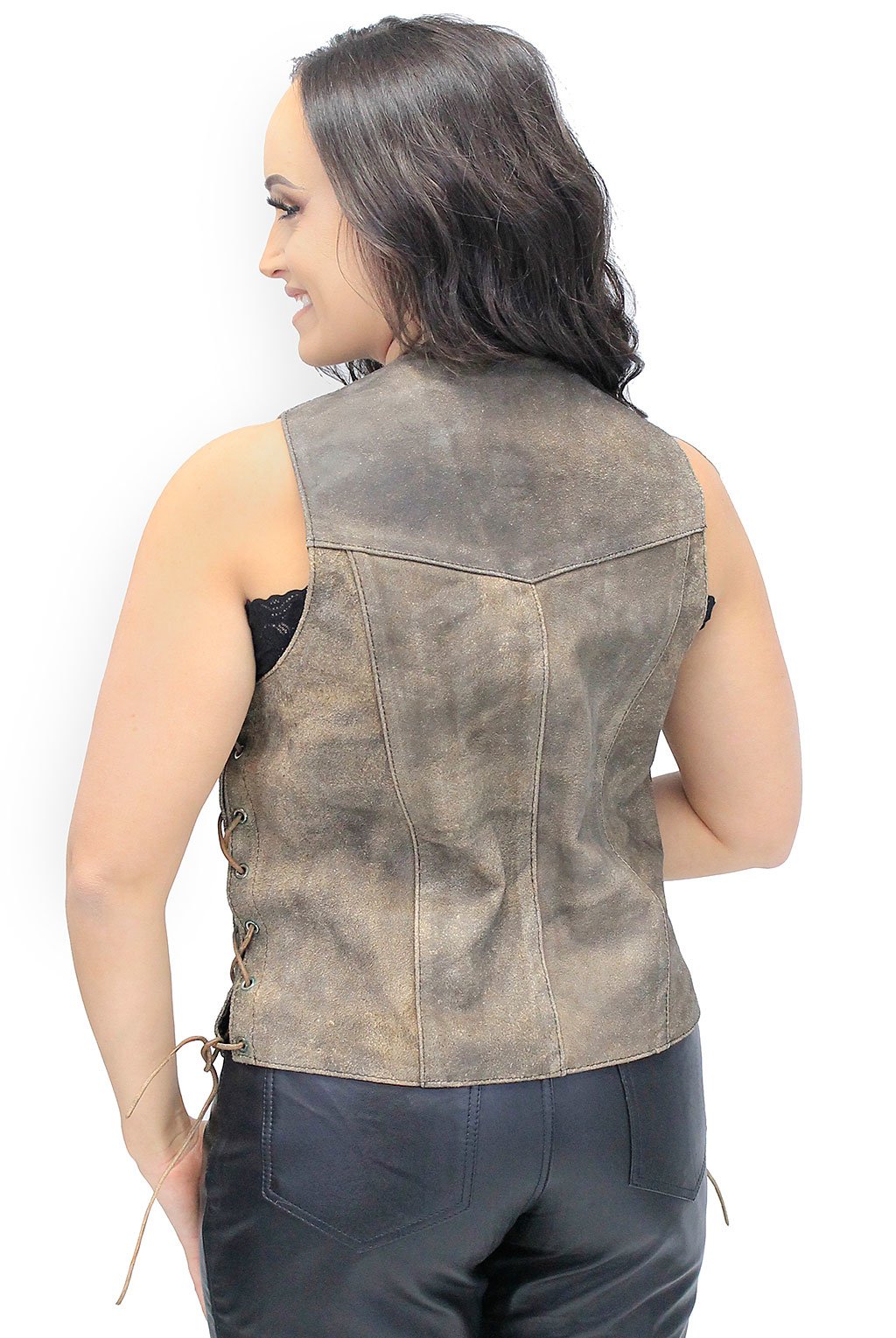 Women's Rustic Brown Leather Side Lace Vest Special #VL618LDN Z (L-XL)