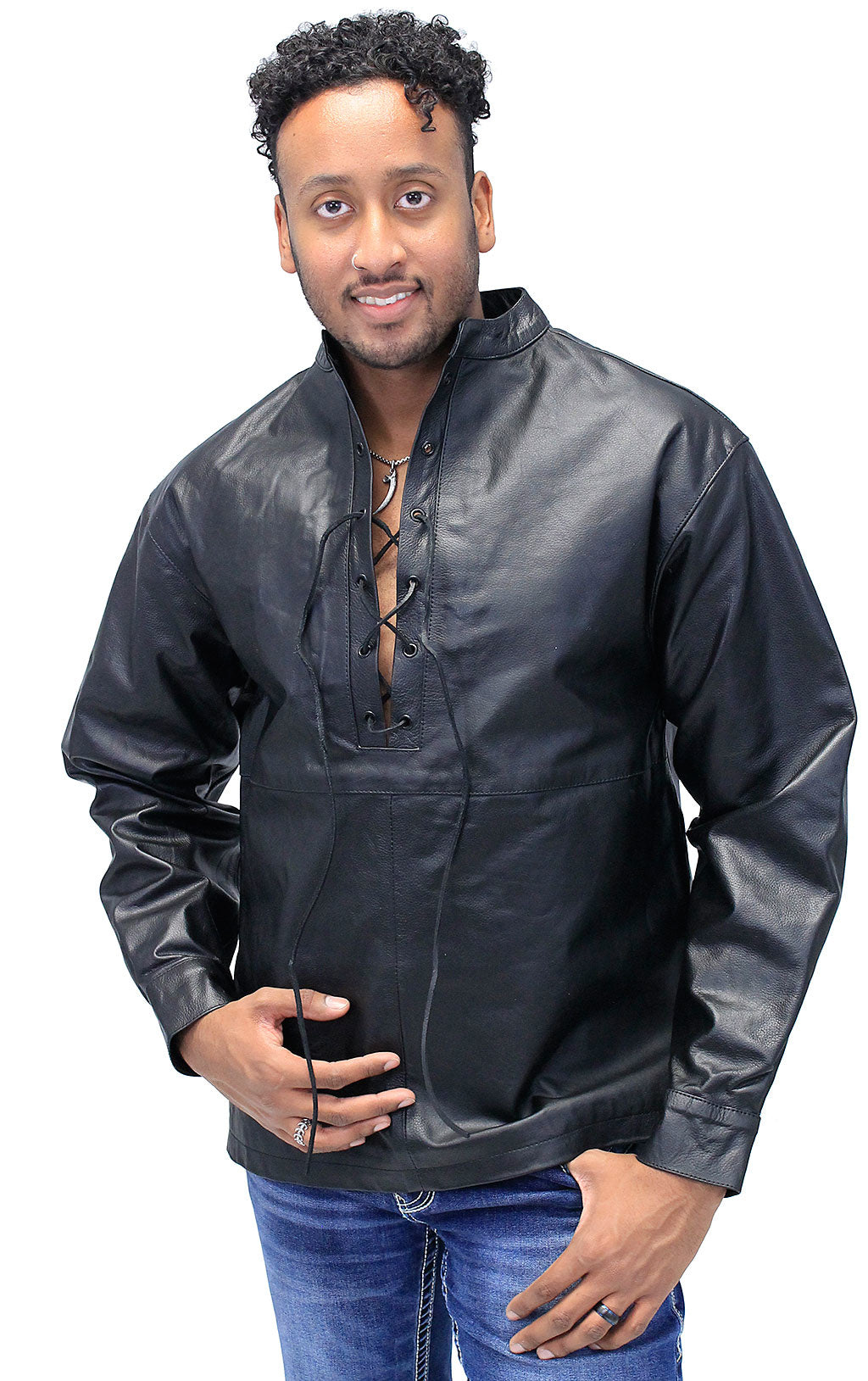 Men's Lace Up Leather Pullover Shirt Jacket #MS2013LK (S,M,2X,3X)