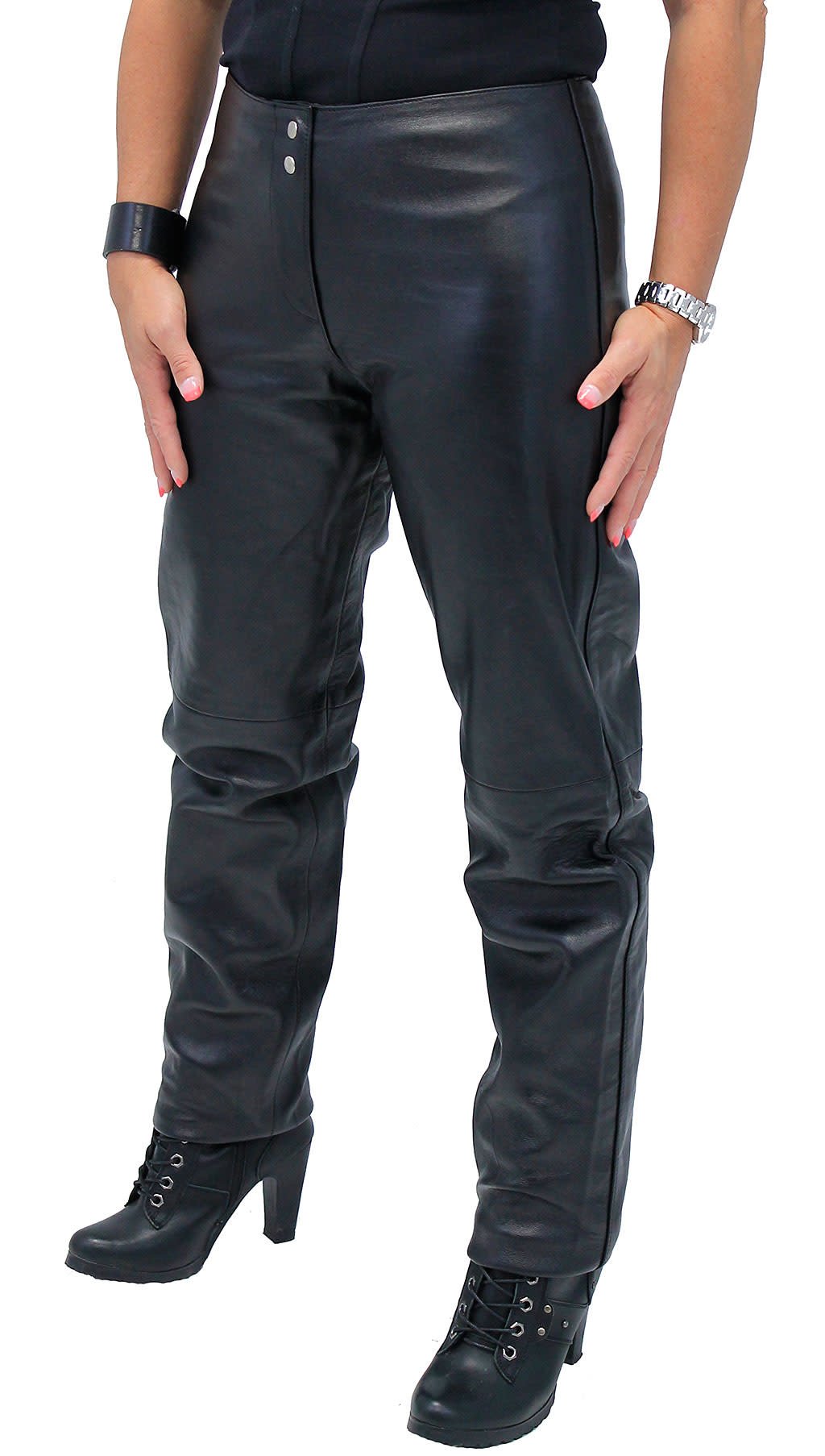 Double Snap Ladies Lambskin Leather Pants #LP3213K (M-L)