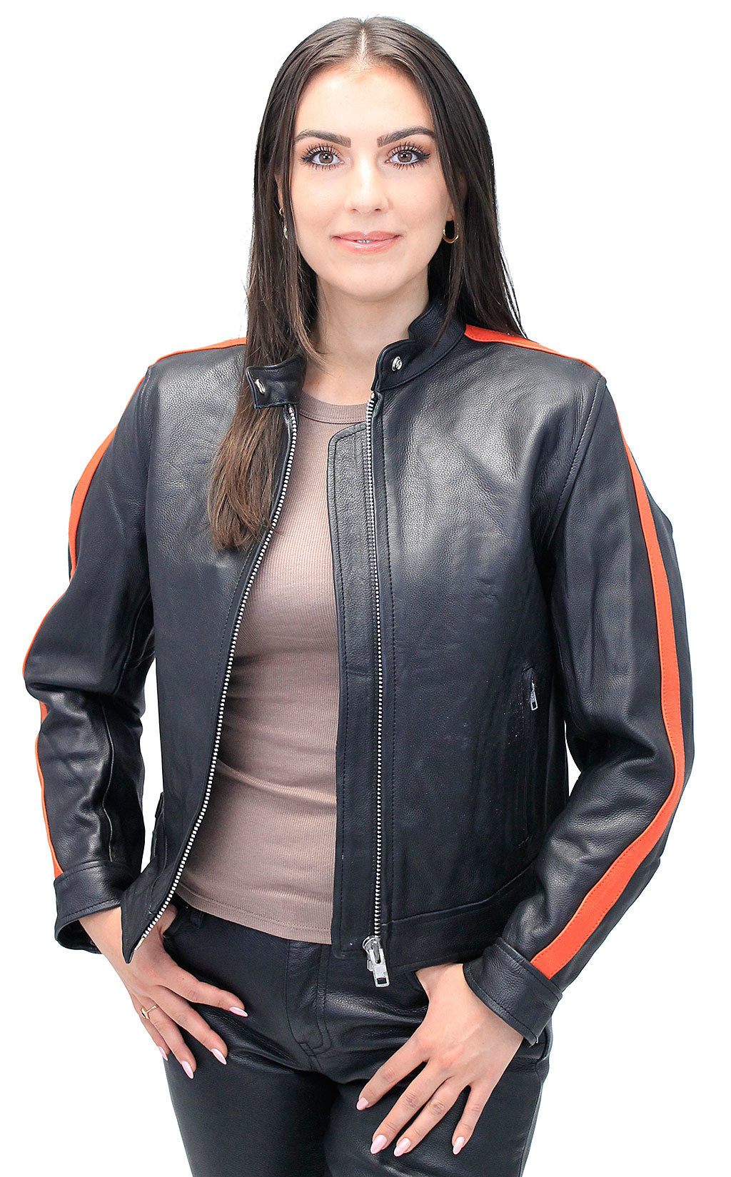 Orange Strip Women's Leather Motorcycle Jacket #L654416ZO (SMALL ONLY)