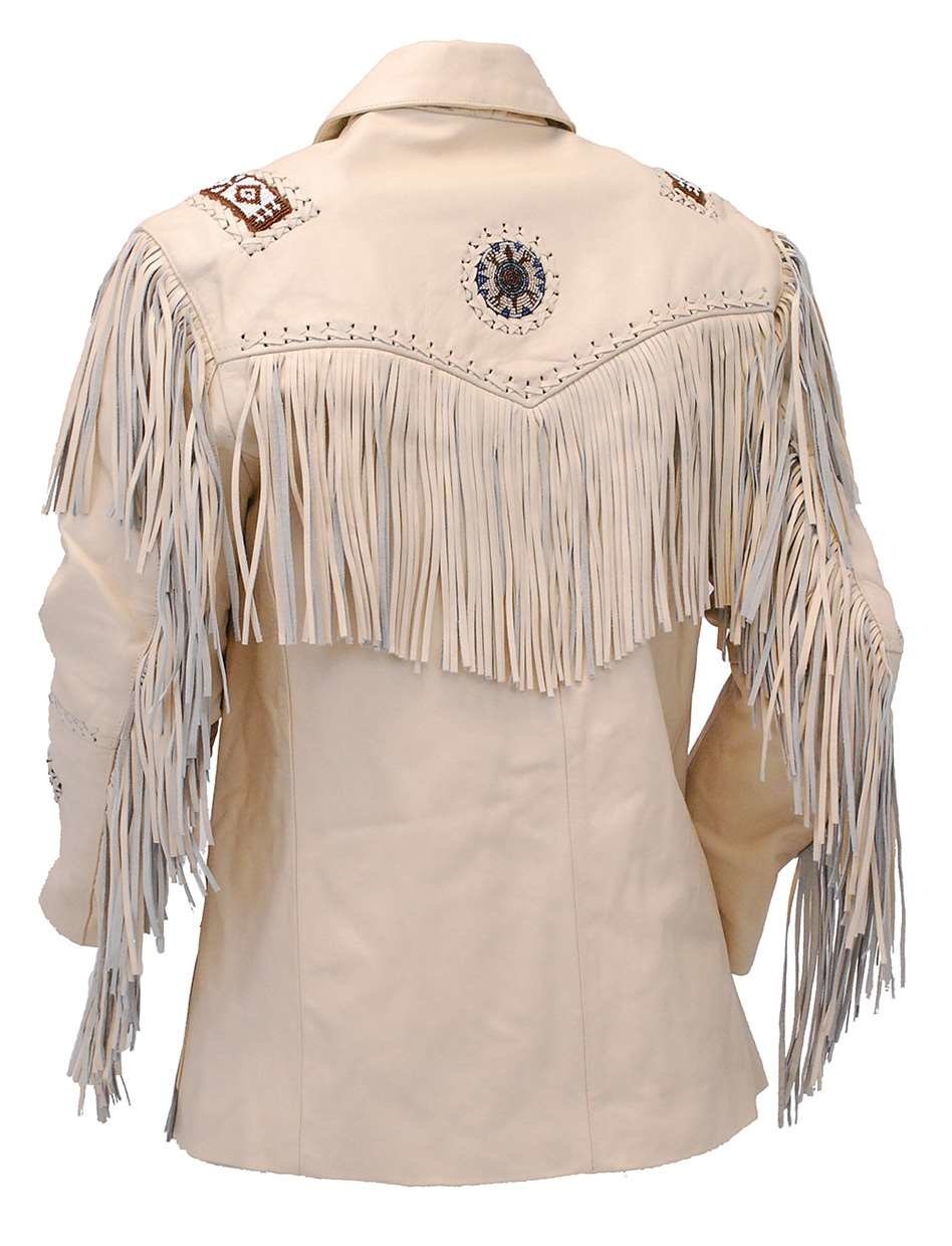 Beige Fringed Leather Blazer Jacket #M2537BBFW