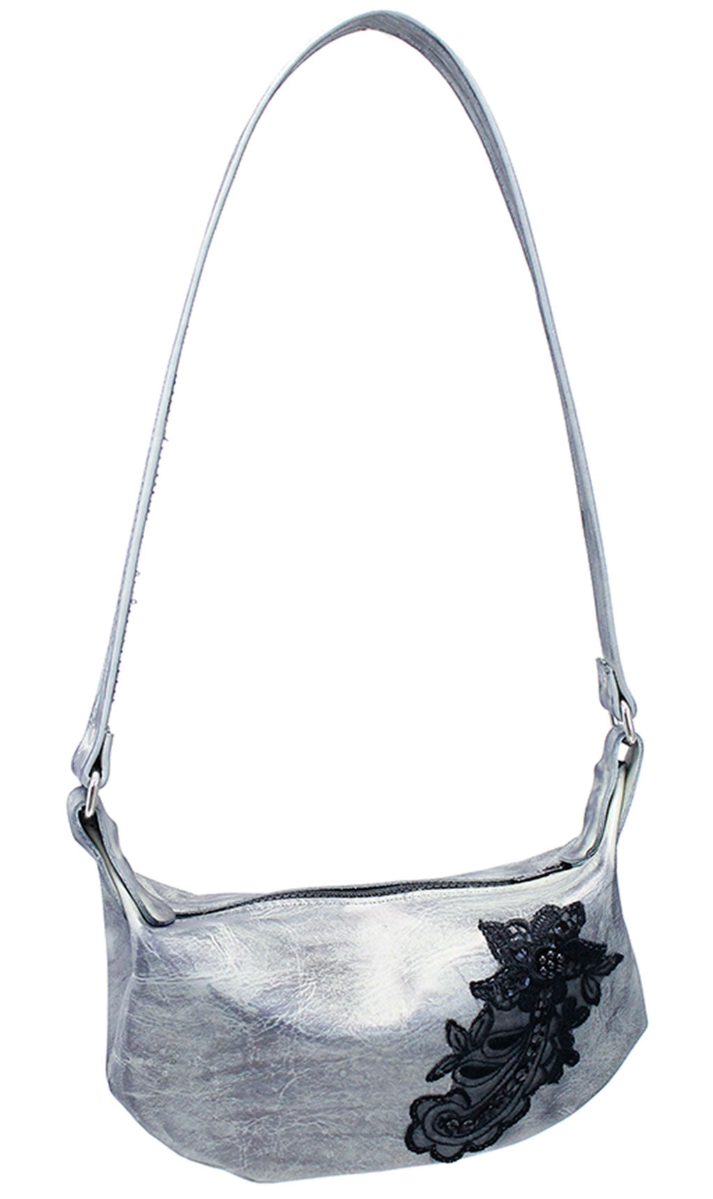 Flower Lace Antiqued Gray Leather Banana Purse #PA23043PGY ()