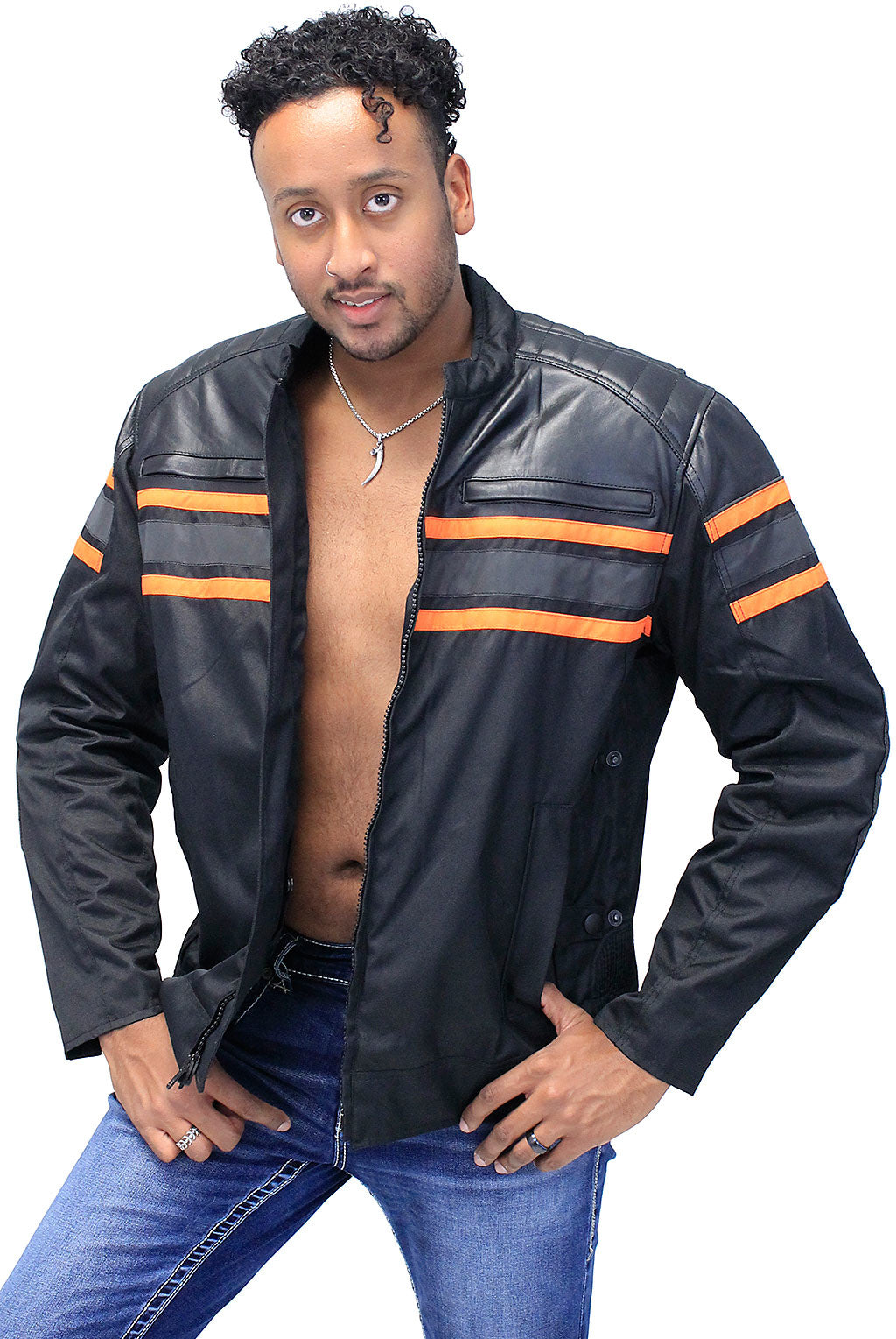 Orange Stripe Armor Reflector Men's Jacket Leather-Textile #MC361616AO ()