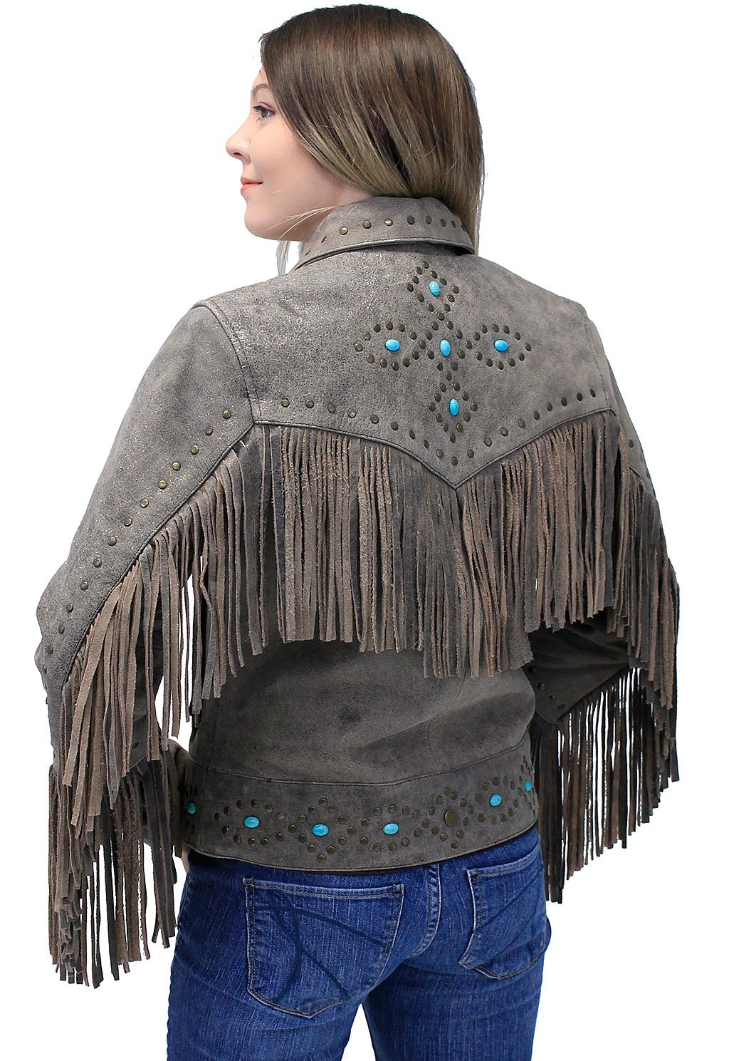Turquoise and Fringe Brown Leather Jacket for Women #L17081ZFTN (S-3X)