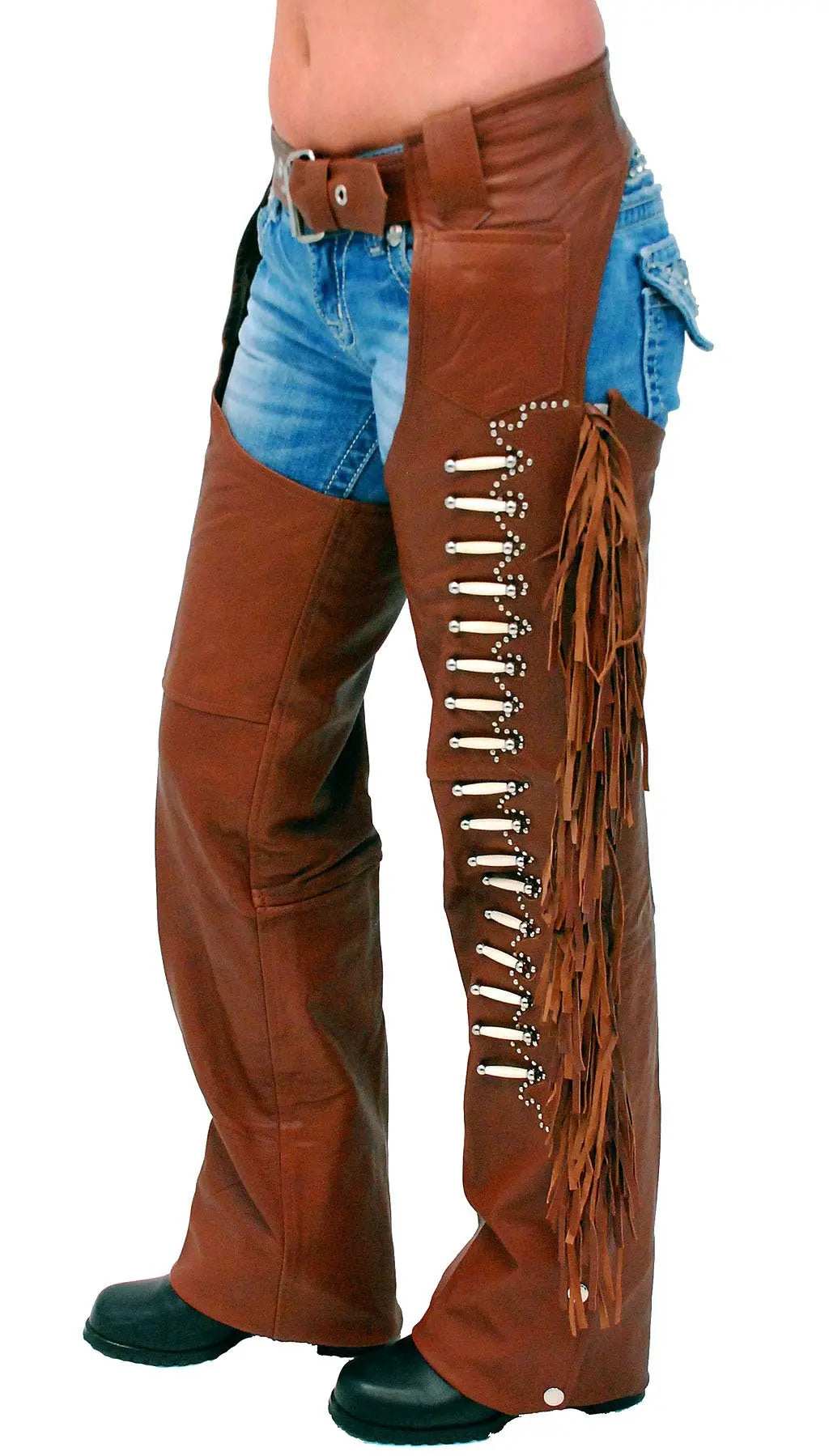 Brown Leather Chaps w/Fringe & Bone Beading #C4300FBN (XS-S)