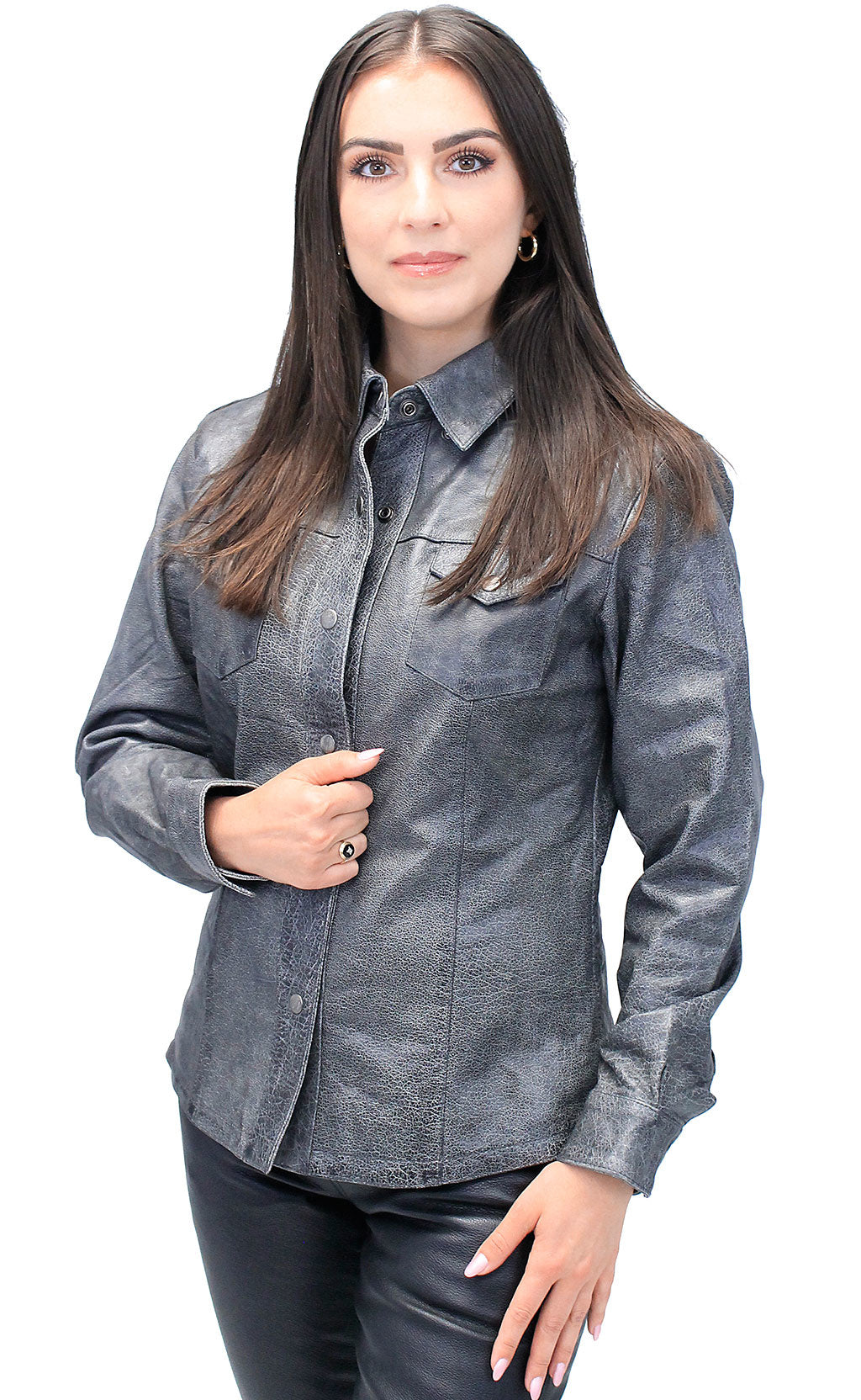 Women's Vintage Gray Leather Shirt #LS8623GY (M-L)