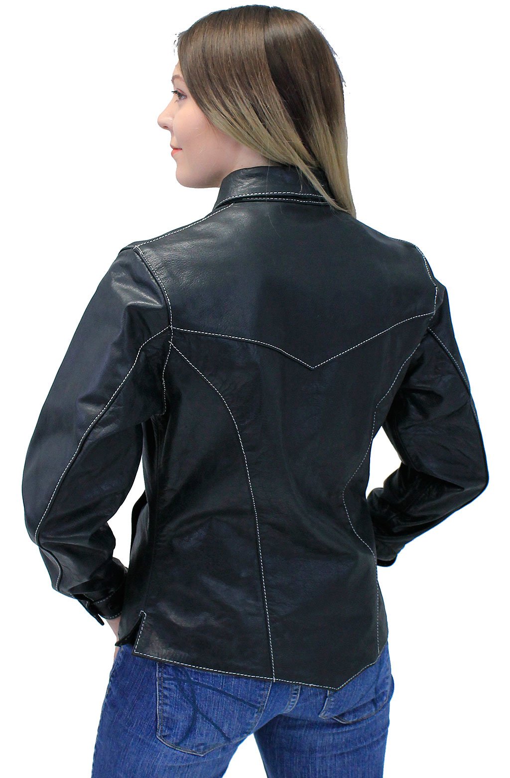 Women's Lightweight Premium Leather Shirt Jacket w/White Stitching #LS431GWK (S-M)