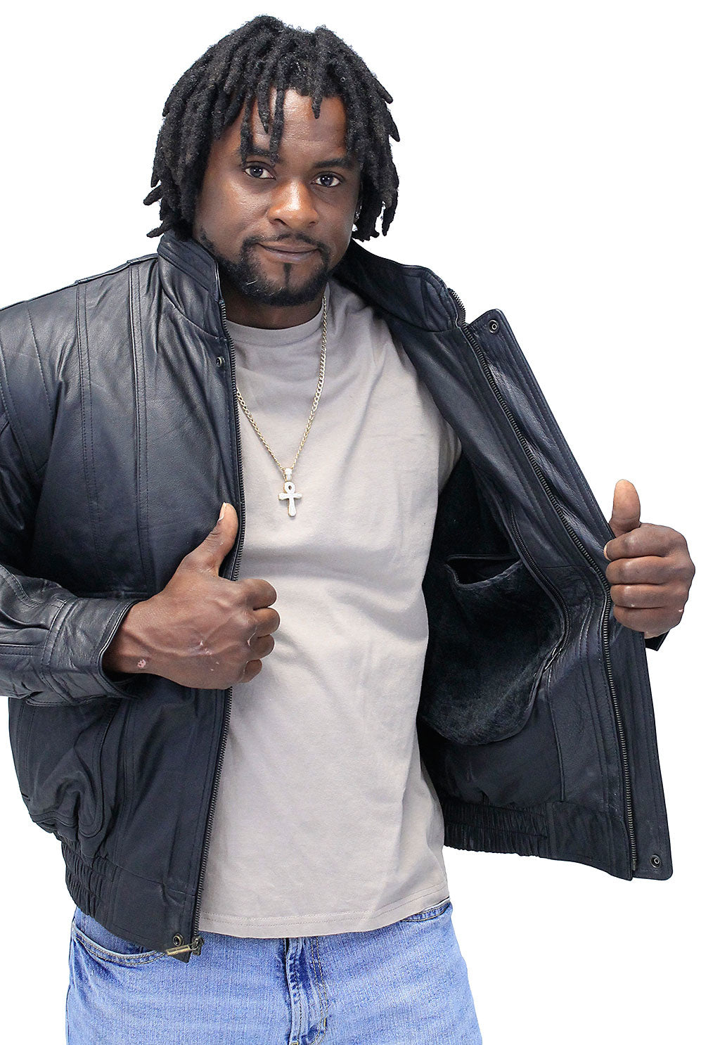 Black Leather Bomber Jacket w/Mandarin Collar #M511ZK (XS-S)