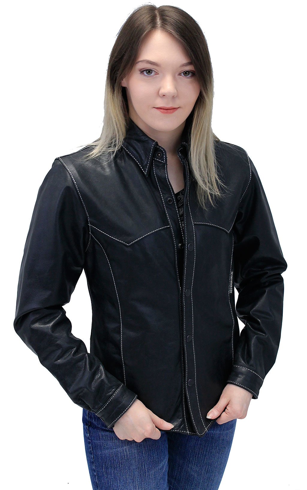 Women's Lightweight Premium Leather Shirt Jacket w/White Stitching #LS431GWK (S-M)