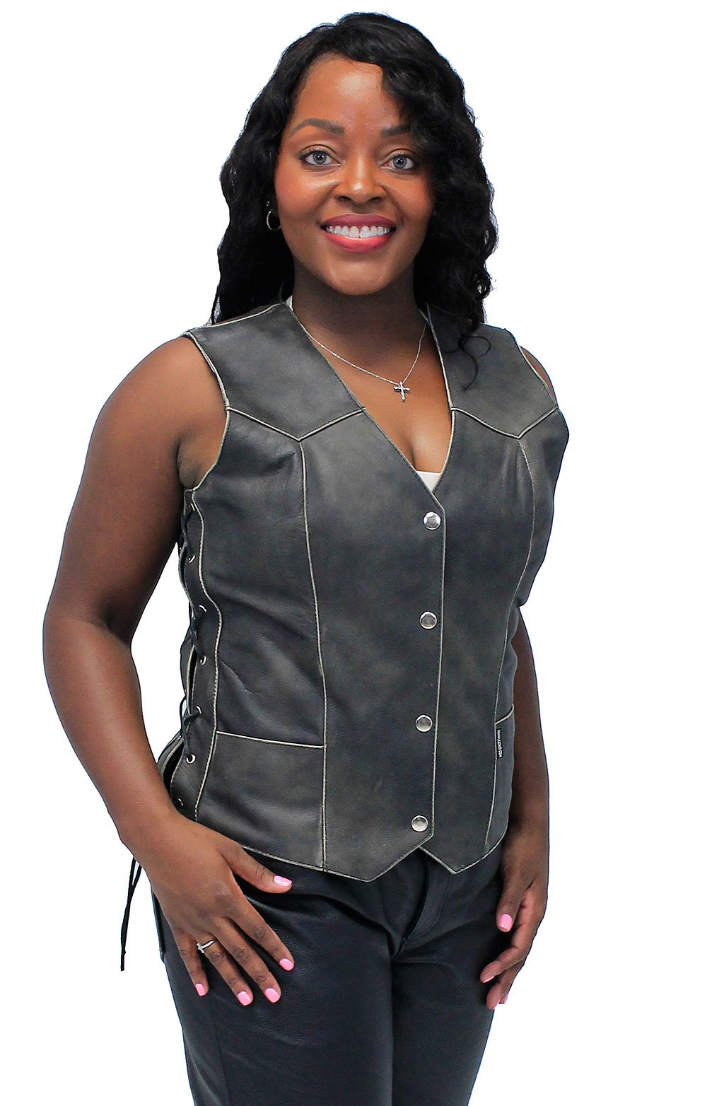Vintage Brown Leather Vest for Women w/Side Lacing #VLA516LDN ()