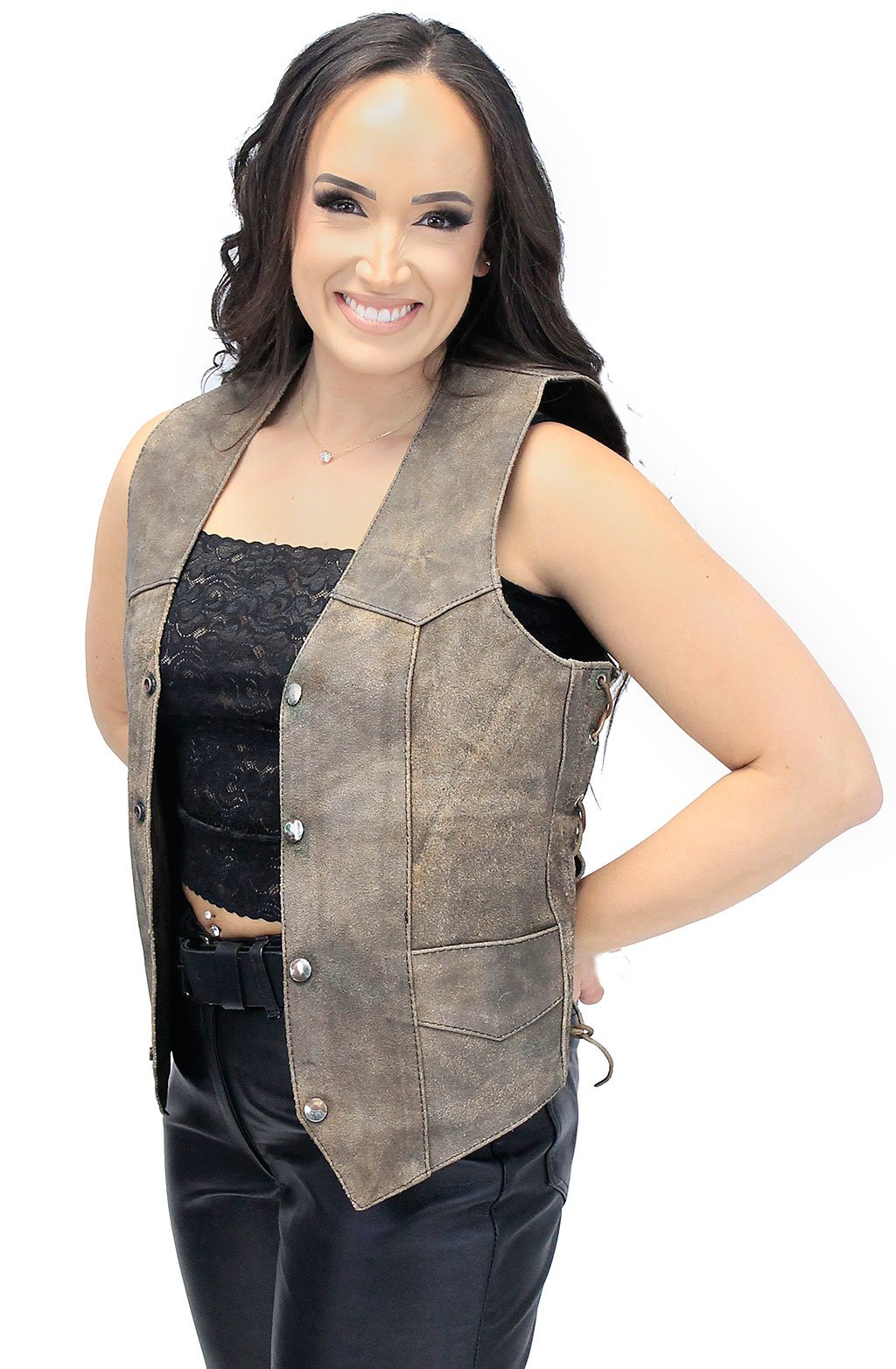 Women's Rustic Brown Leather Side Lace Vest Special #VL618LDN Z (L-XL)