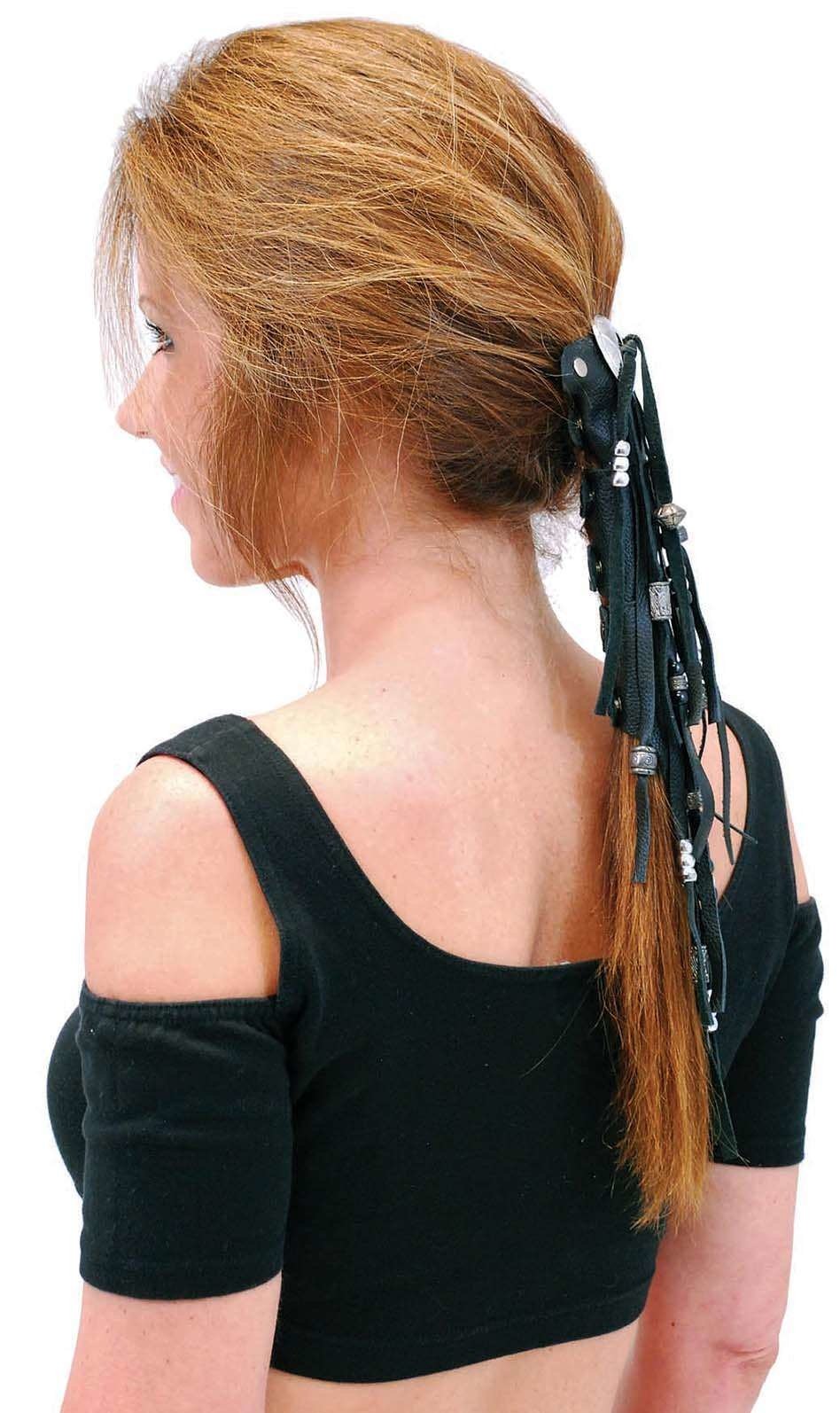 8" Long Silver Beaded Leather Hair Tube #AHW654FBS