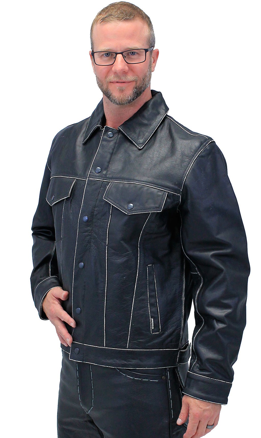 Black Vintage Leather Jean Jacket with Concealed Pockets #MA6643K (S-5X)