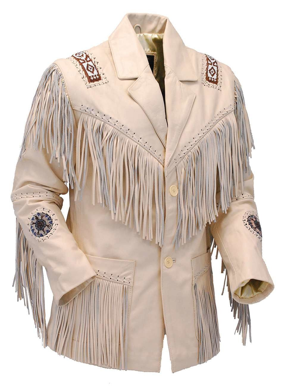Beige Fringed Leather Blazer Jacket #M2537BBFW