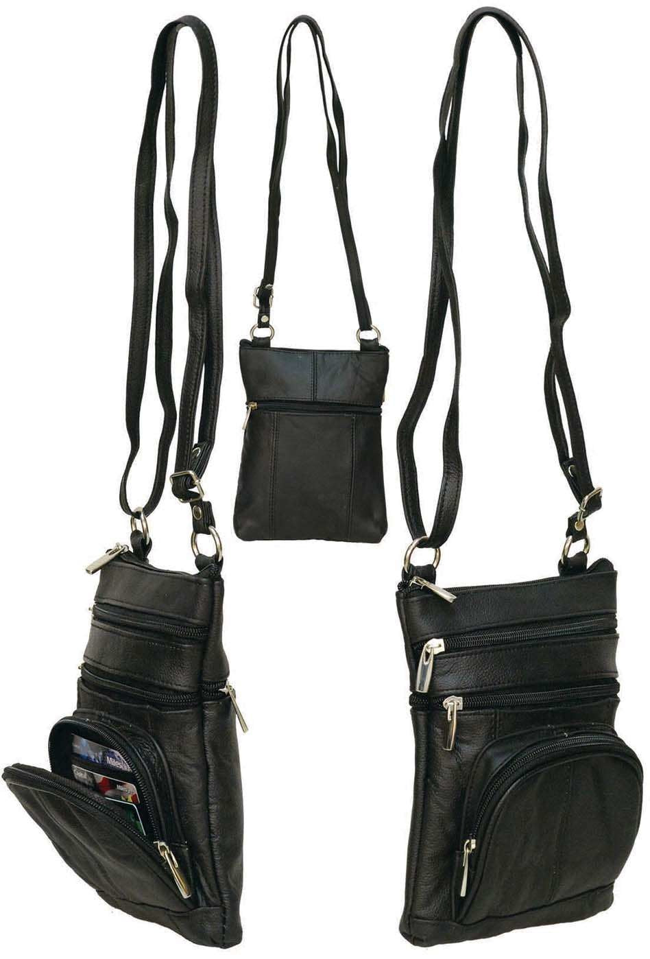 9'' Black Leather Side Bag Purse w/Organizer Front Pocket #P004K