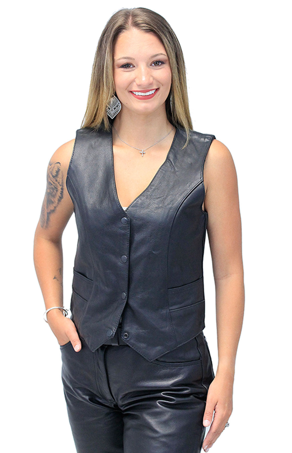 Women's Black Leather Vest with Concealed Pockets #VL2658GK