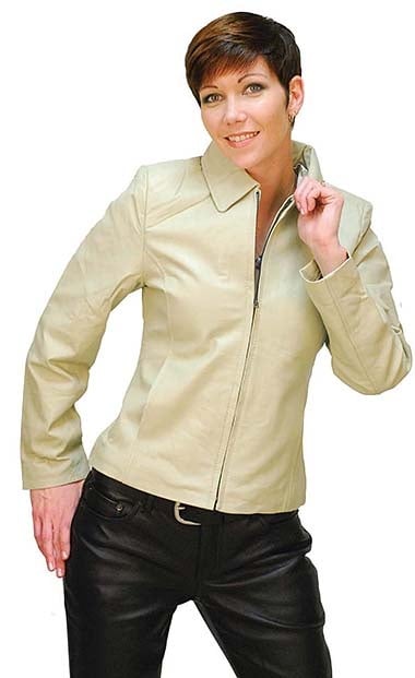 Ladies Cream Colored Leather Zip Jacket #L21051W (S-M)