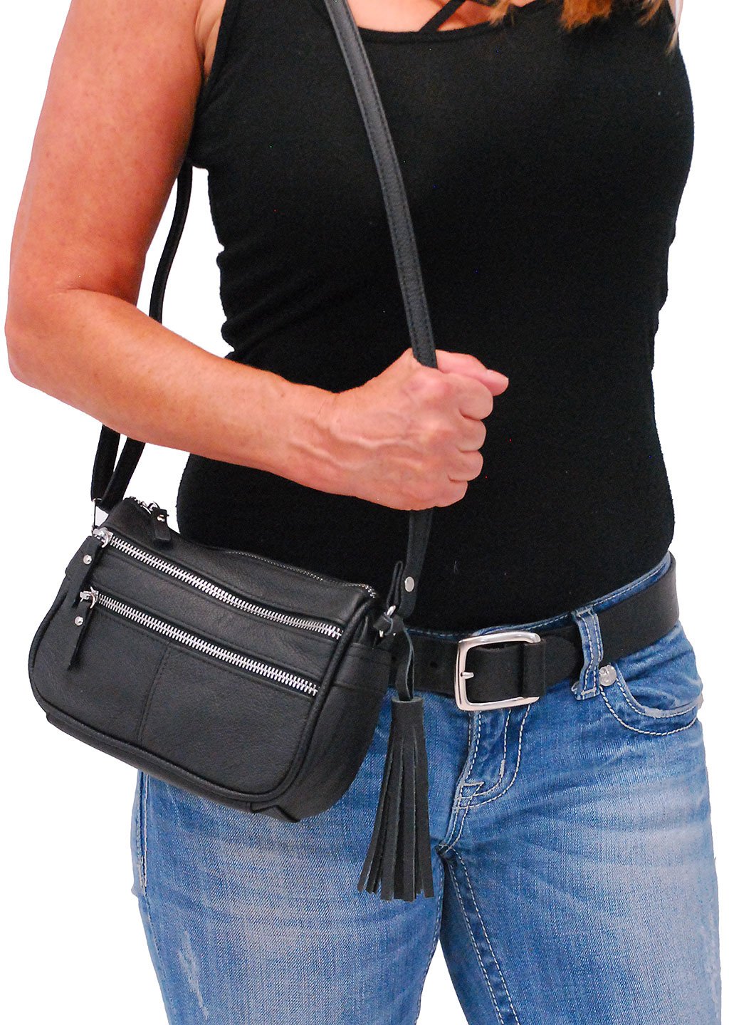 Black Leather Tassel Purse Silver Zippers #P5090TK