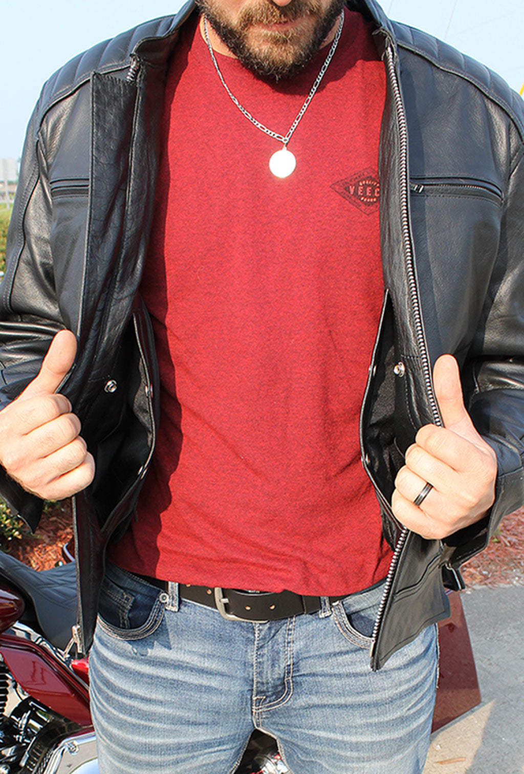 Men's Ribbed Shoulder Leather Motorcycle Jacket #M5760GQZK (M,3X)