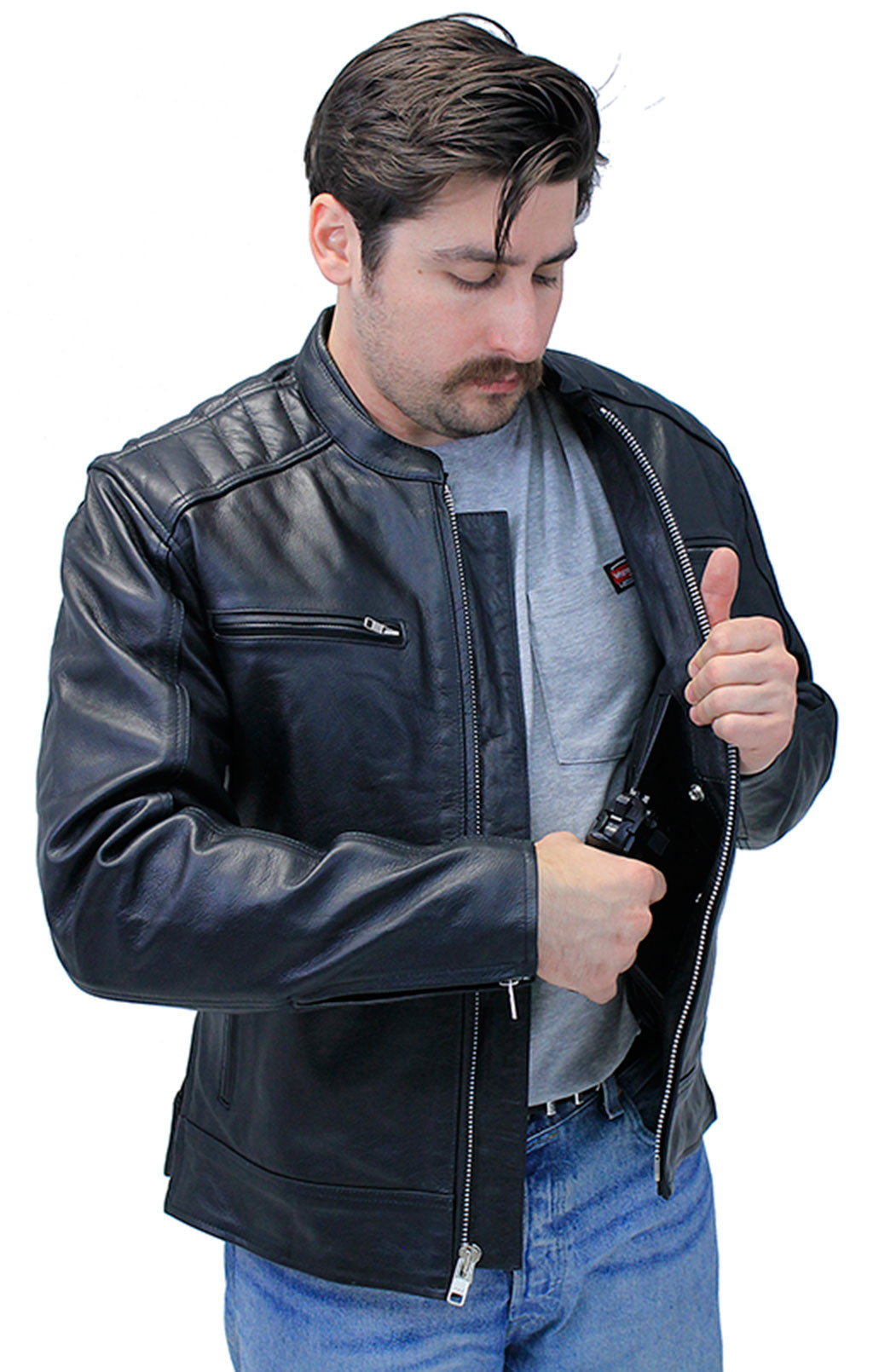 Men's Ribbed Shoulder Leather Motorcycle Jacket #M5760GQZK (M,3X)
