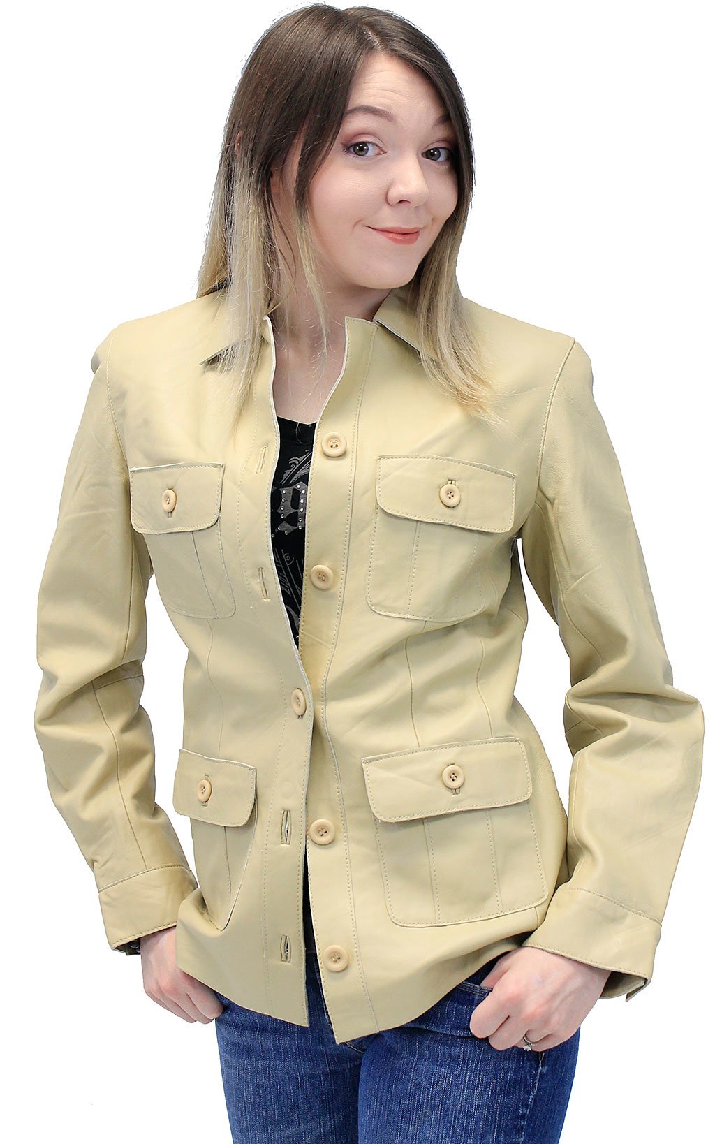 Cream White Lightweight Button-Up Lambskin 4 Pocket Jacket #L718022T (S-L)