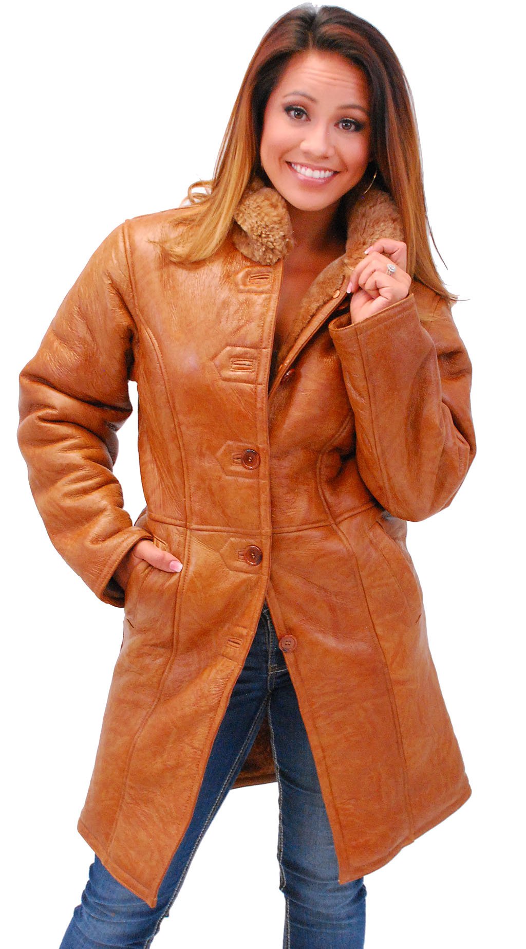 Women's Tan Genuine Sheepskin Fur Lined Trench Coat Jacket #L1319HN (S only)