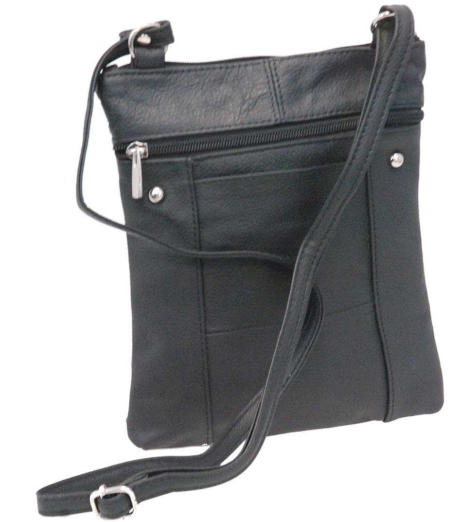 9'' Black Leather Side Bag Purse w/Organizer Front Pocket #P004K