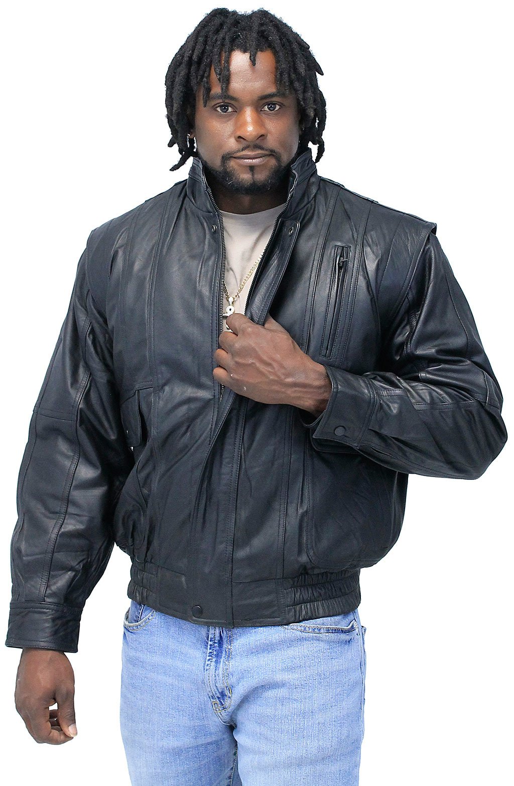 Black Leather Bomber Jacket w/Mandarin Collar #M511ZK (XS-S)