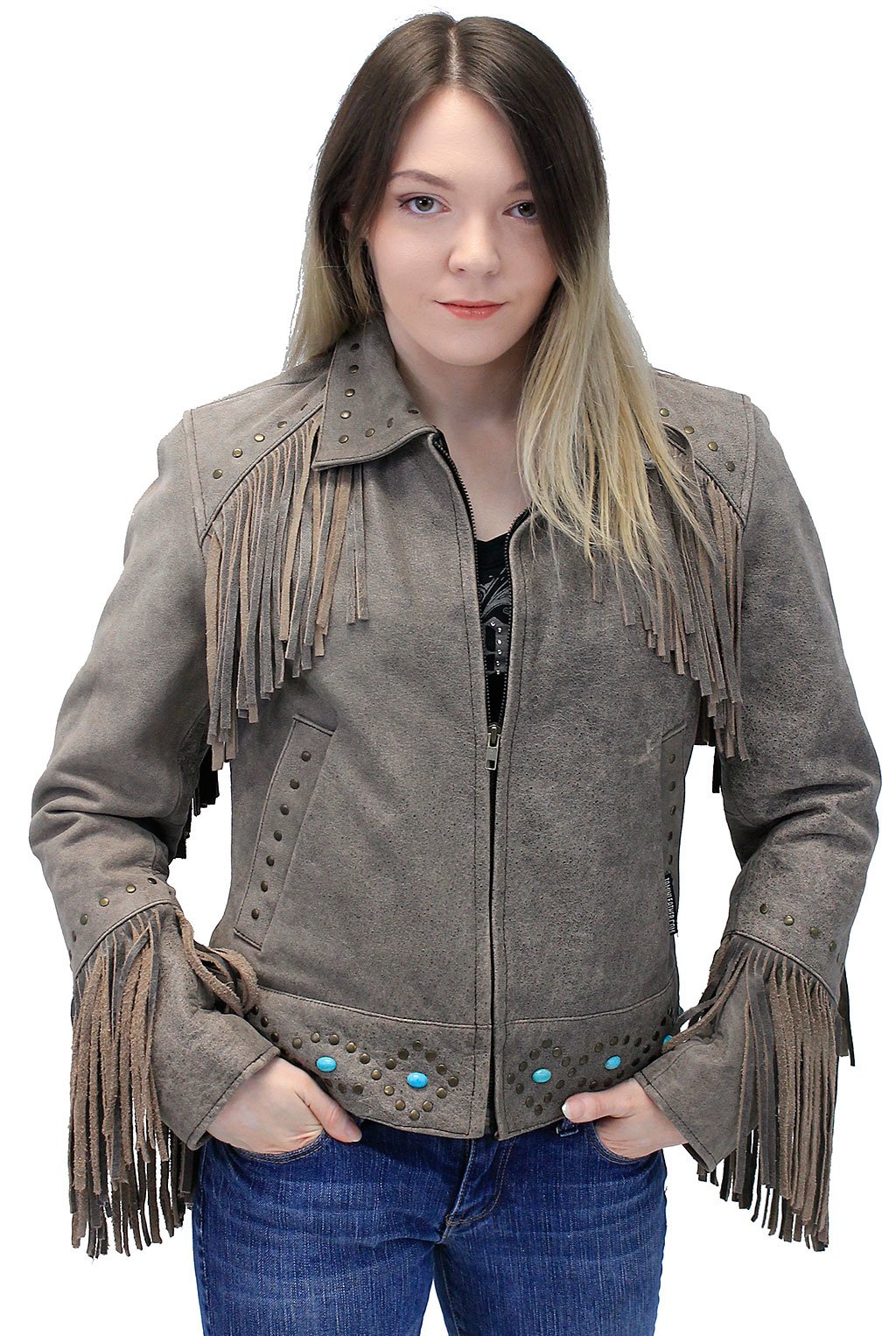Turquoise and Fringe Brown Leather Jacket for Women #L17081ZFTN (S-3X)