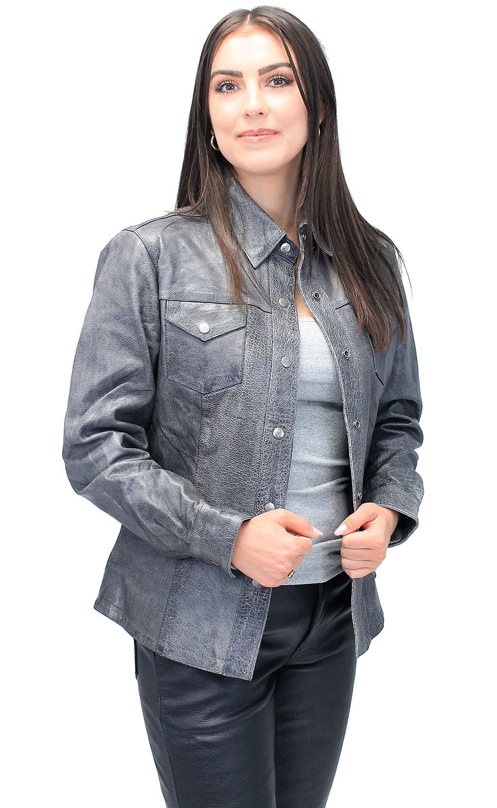 Women's Vintage Gray Leather Shirt #LS8623GY (M-L)