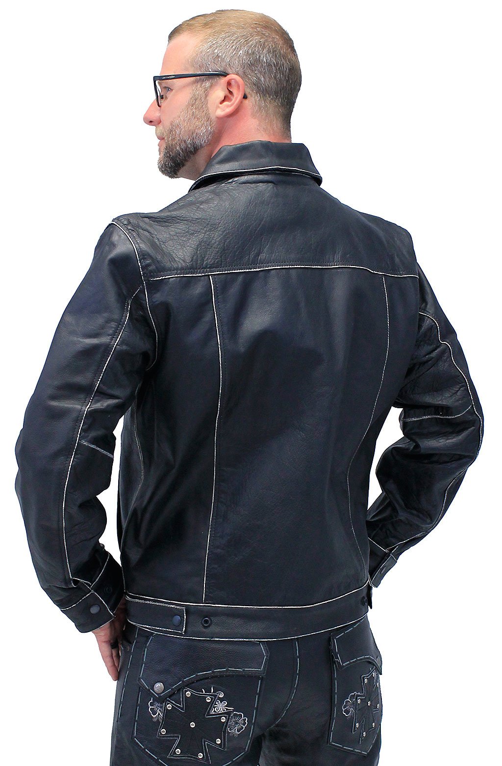 Black Vintage Leather Jean Jacket with Concealed Pockets #MA6643K (S-5X)