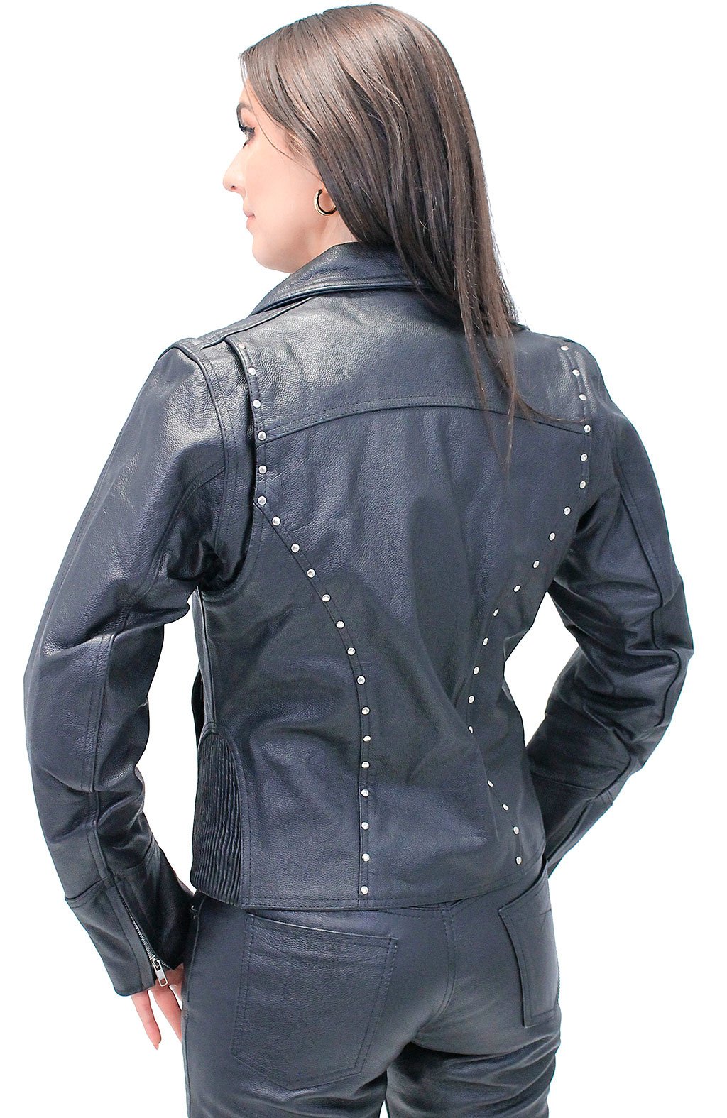 Black Rivet Trim Cowhide Motorcycle Jacket #L4042RZK (XS-4X)