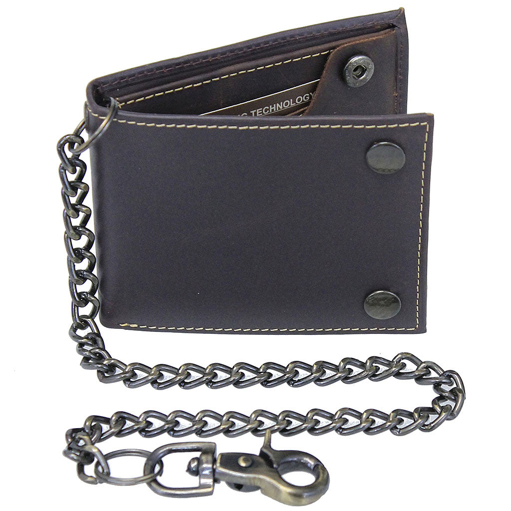 RFID Leather Chain Wallet for Men, Oil Tanned Bifold Brown Wallet #WC513531BN