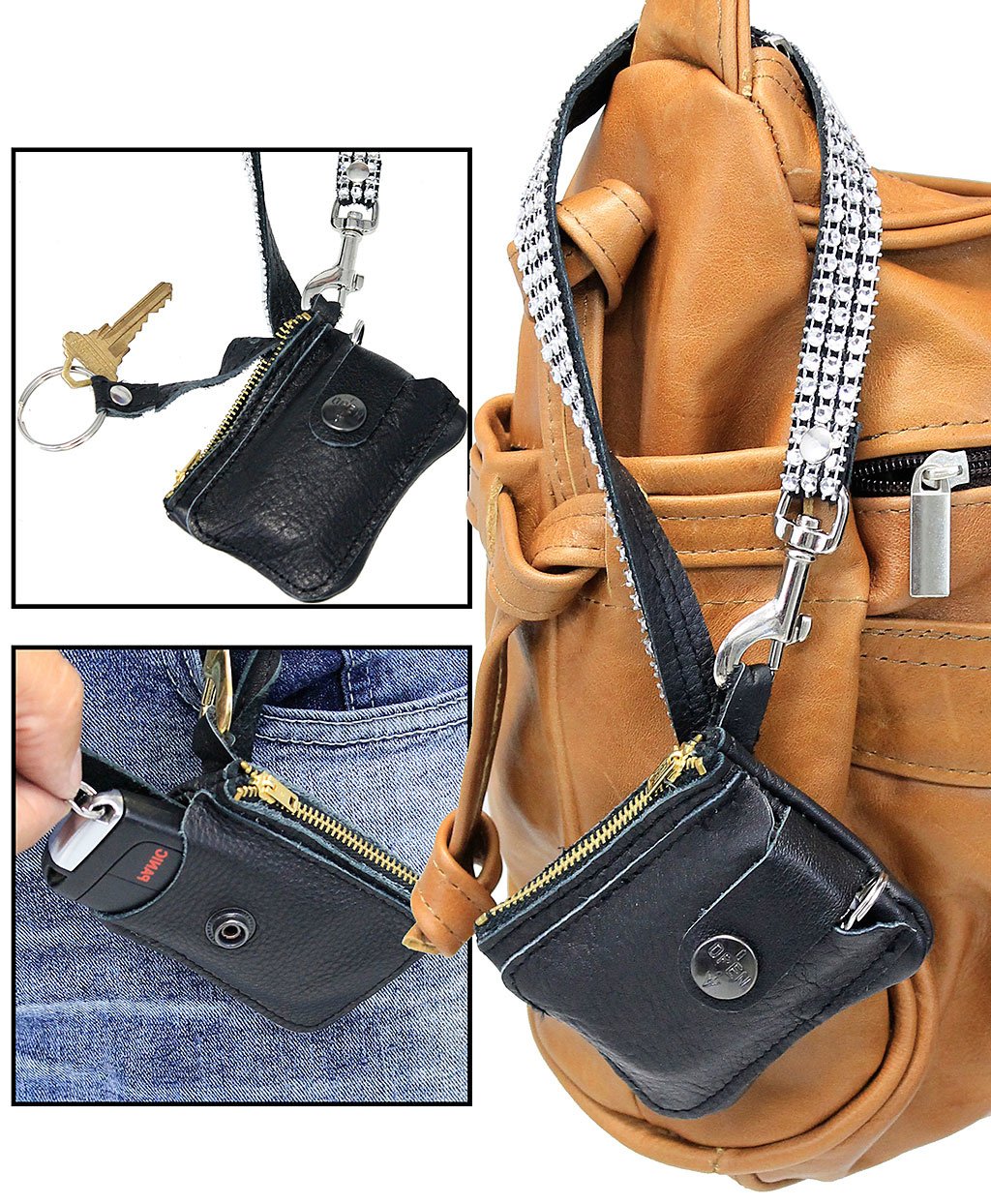 Leather Key Fob Case w/Crystal Wrist Strap #AC22063XZC ()