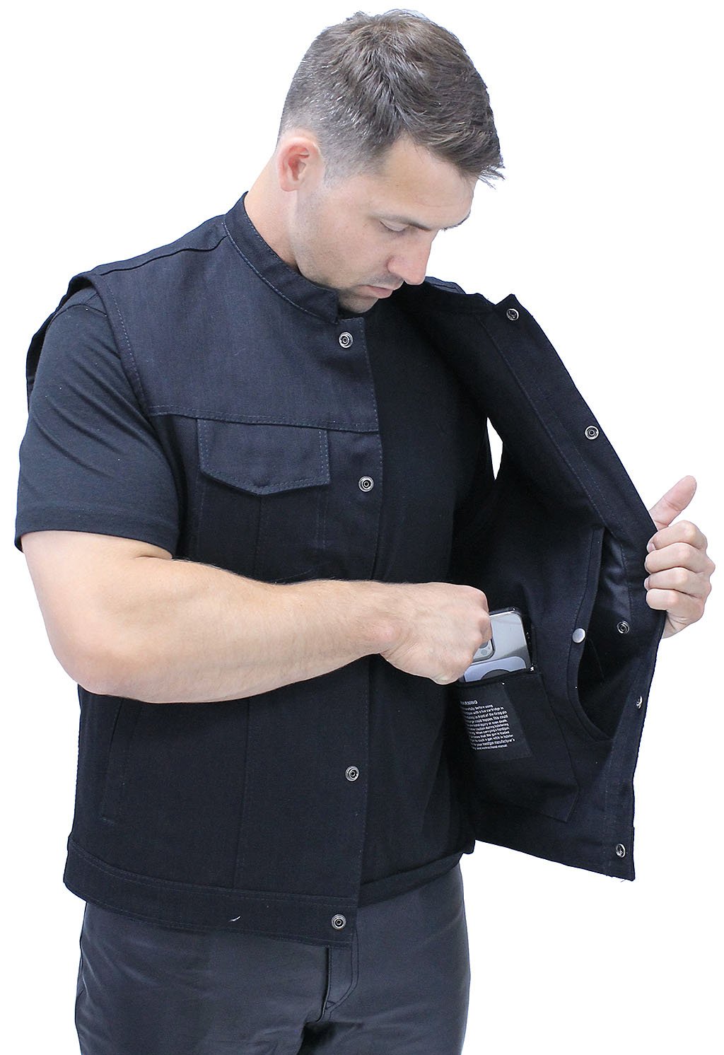 Black Denim Snap Up Club Vest w/Concealed Pocket #VMC3200K (S-M)