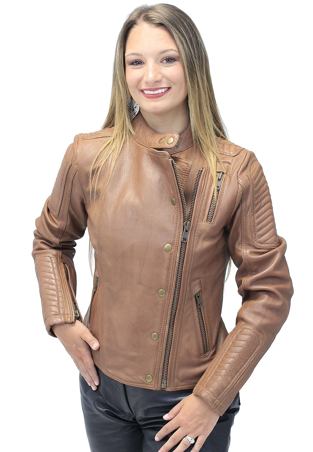Women's Soft Brown Lambskin Zip Snap Motorcycle Jacket #L1587N  (S, XL-5X)