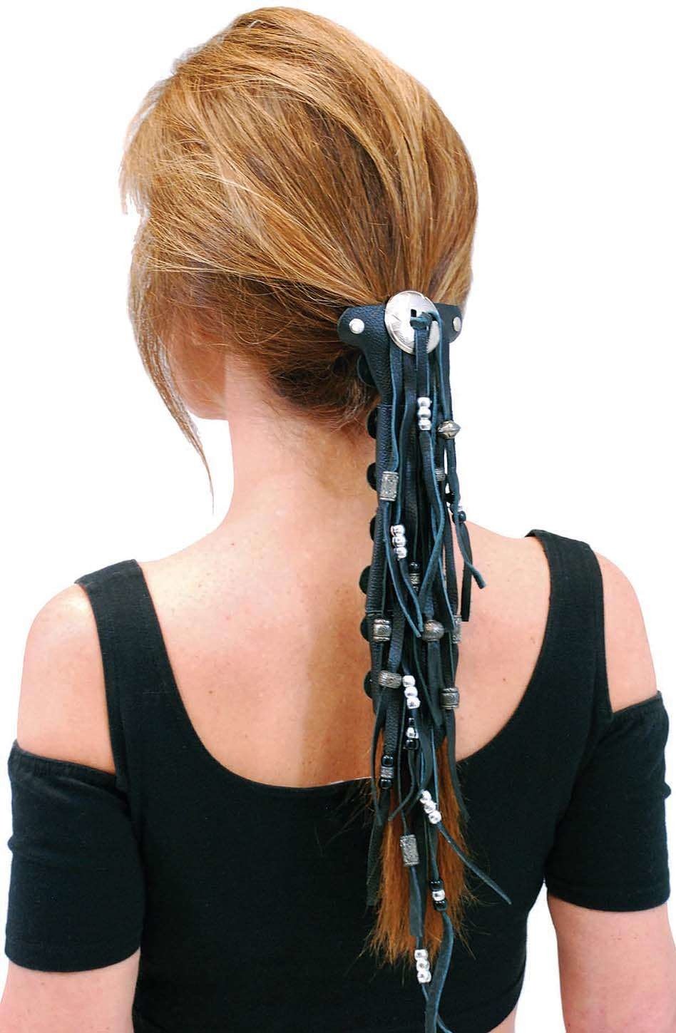 10.5" Extra Long Silver Beaded Black Leather Hair Tube #AHW6543FBS
